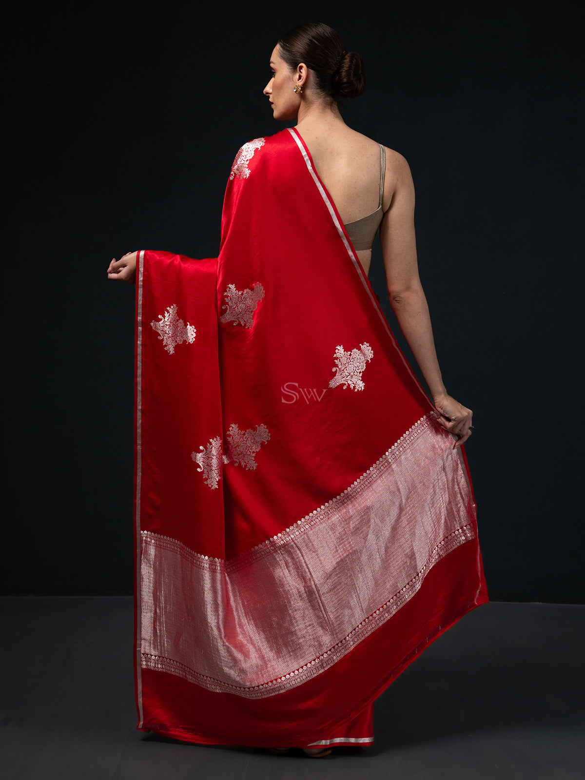 Red Boota Satin Silk Handloom Banarasi Saree - Sacred Weaves