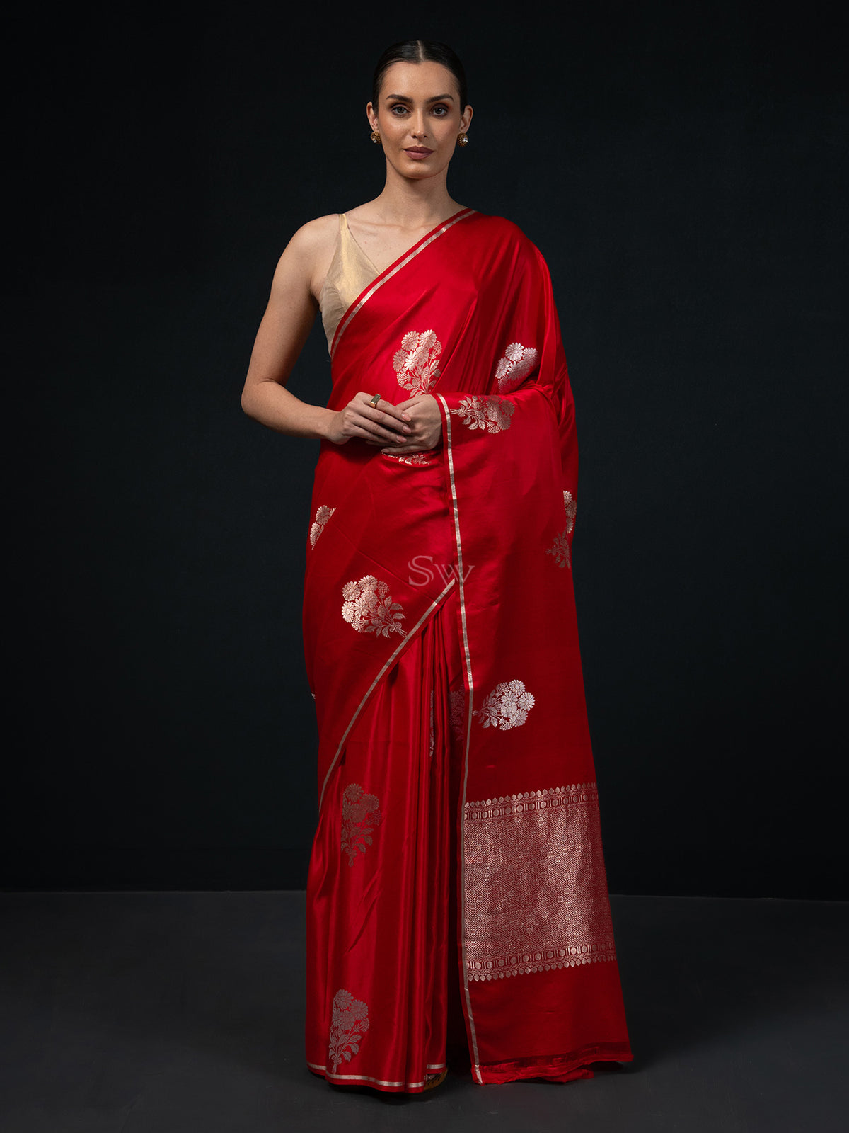 Red Boota Satin Silk Handloom Banarasi Saree - Sacred Weaves