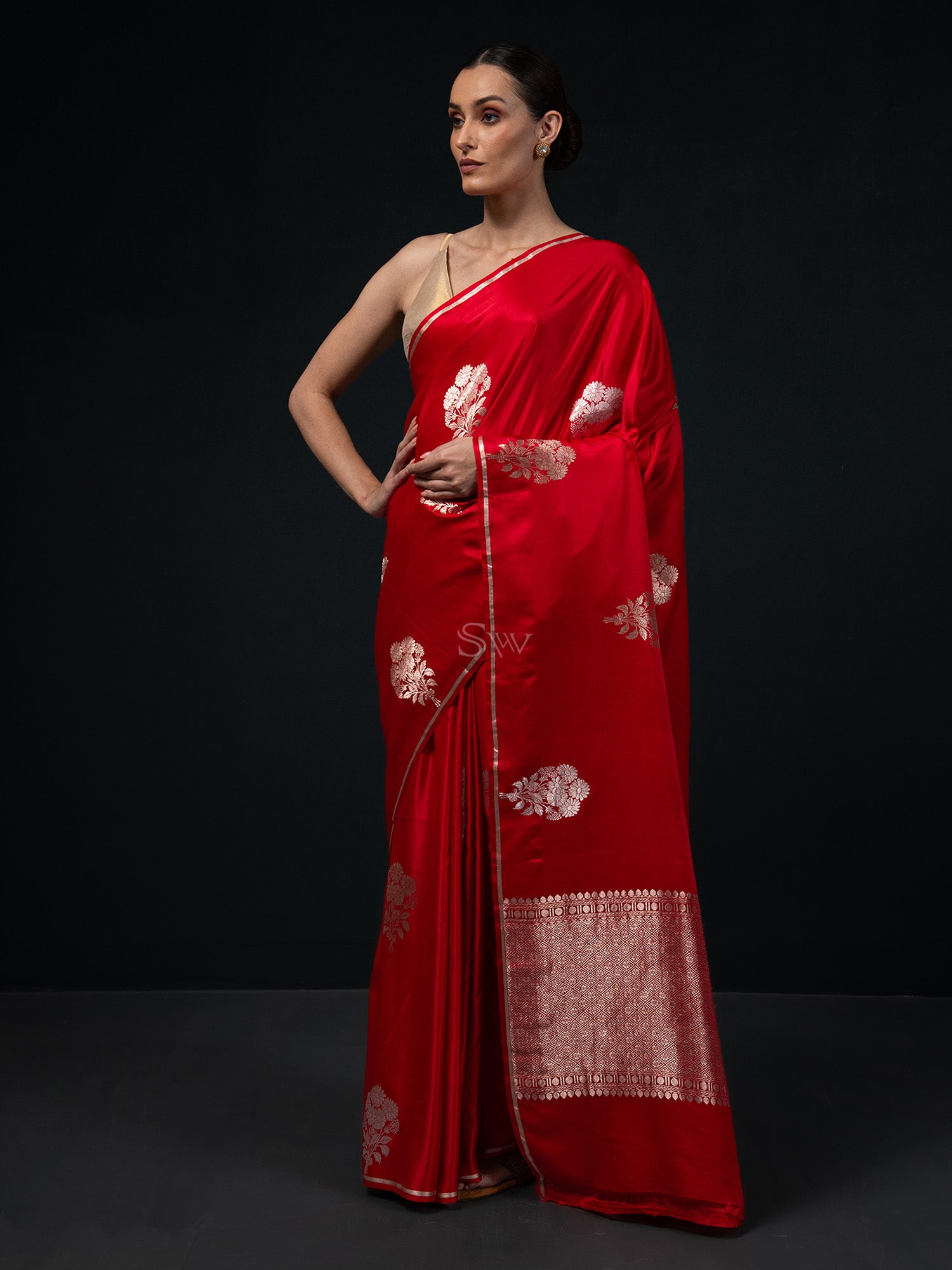 Red Boota Satin Silk Handloom Banarasi Saree - Sacred Weaves