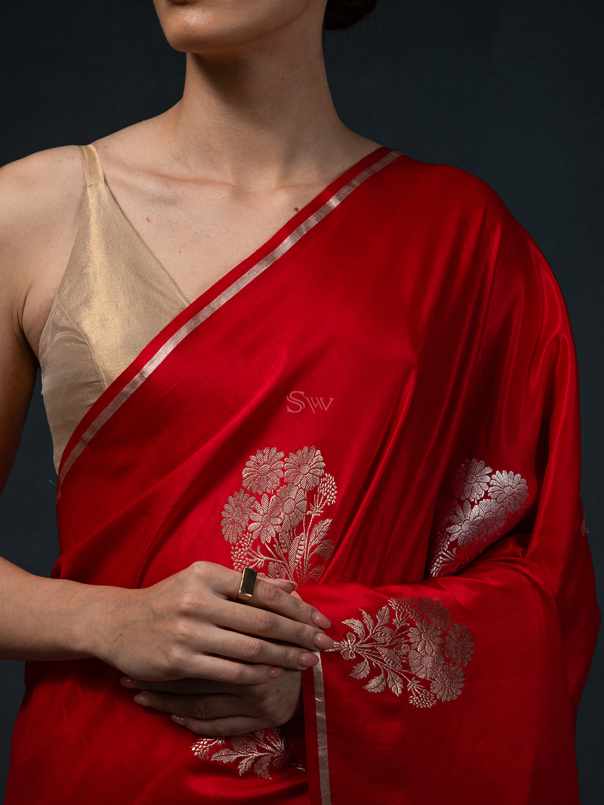 Red Boota Satin Silk Handloom Banarasi Saree - Sacred Weaves