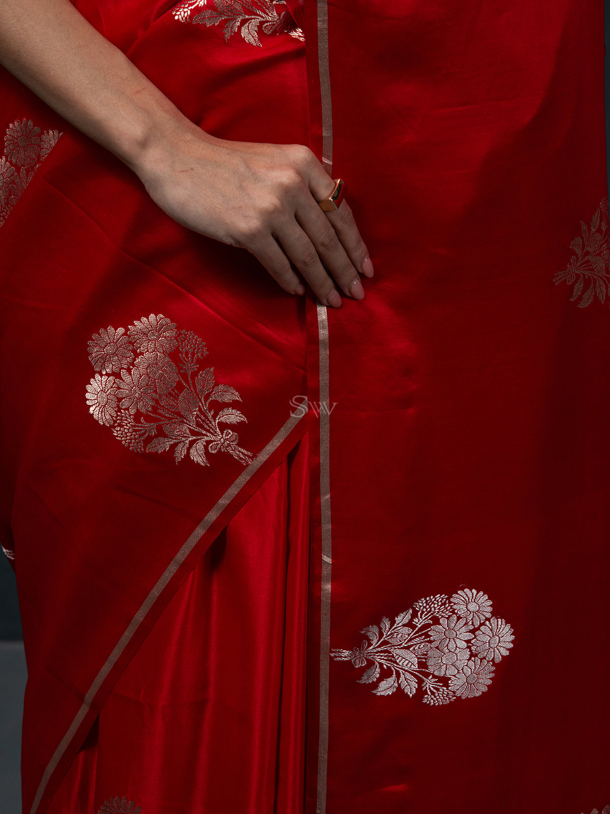 Red Boota Satin Silk Handloom Banarasi Saree - Sacred Weaves