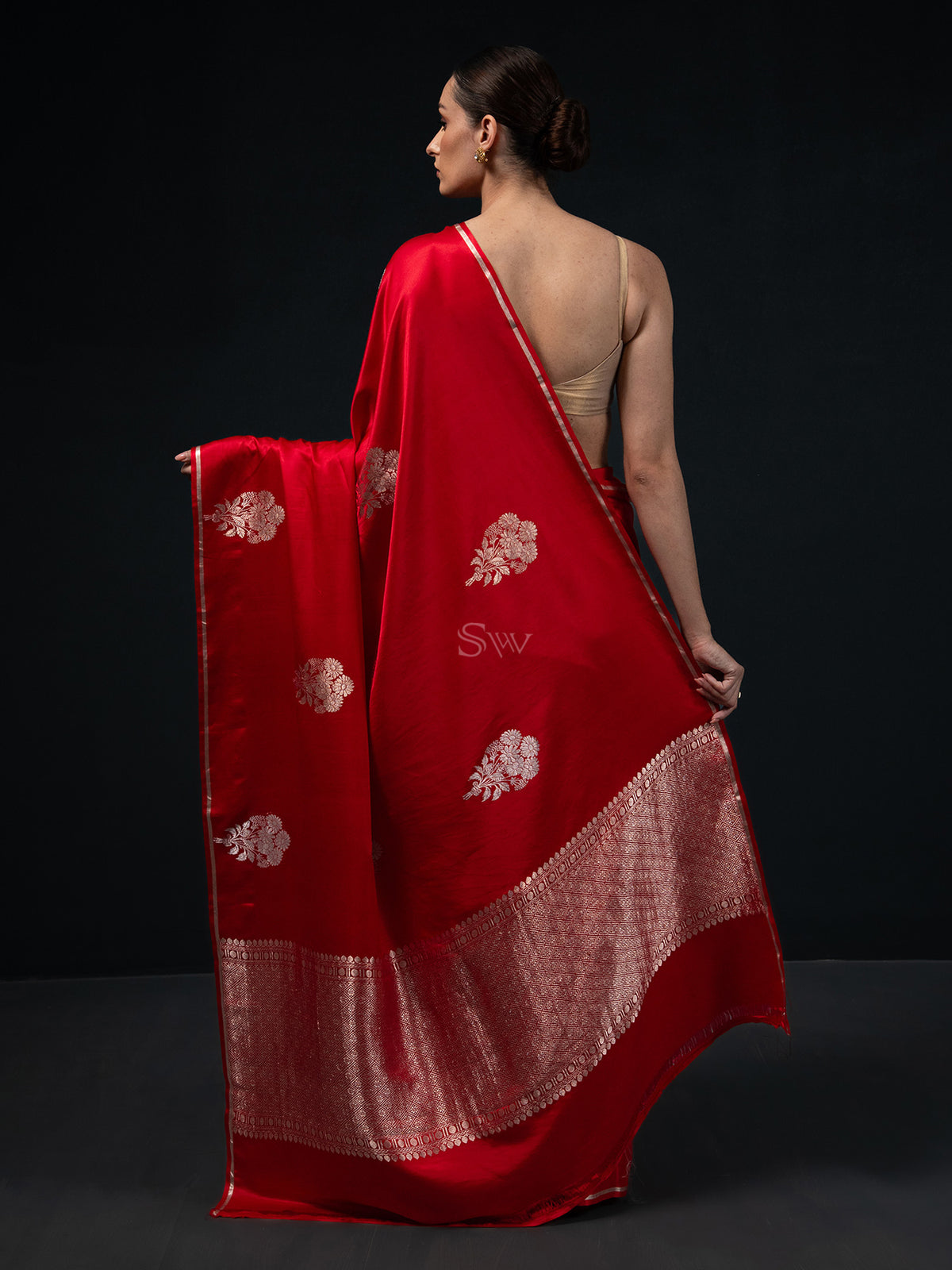 Red Boota Satin Silk Handloom Banarasi Saree - Sacred Weaves