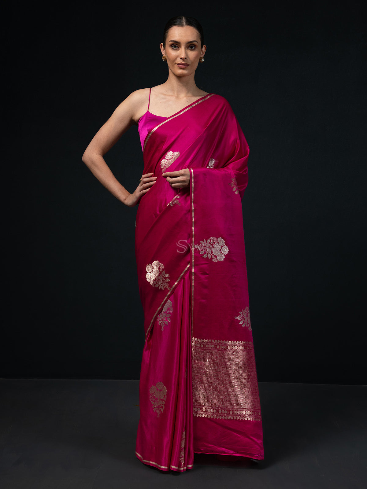 Magenta Boota Satin Silk Handloom Banarasi Saree - Sacred Weaves