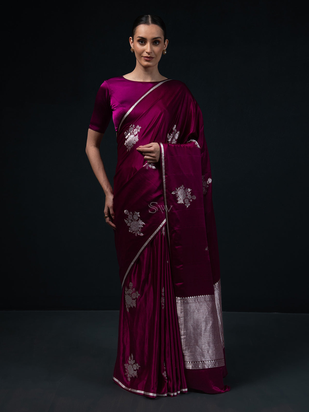 Dark Magenta Boota Satin Silk Handloom Banarasi Saree - Sacred Weaves