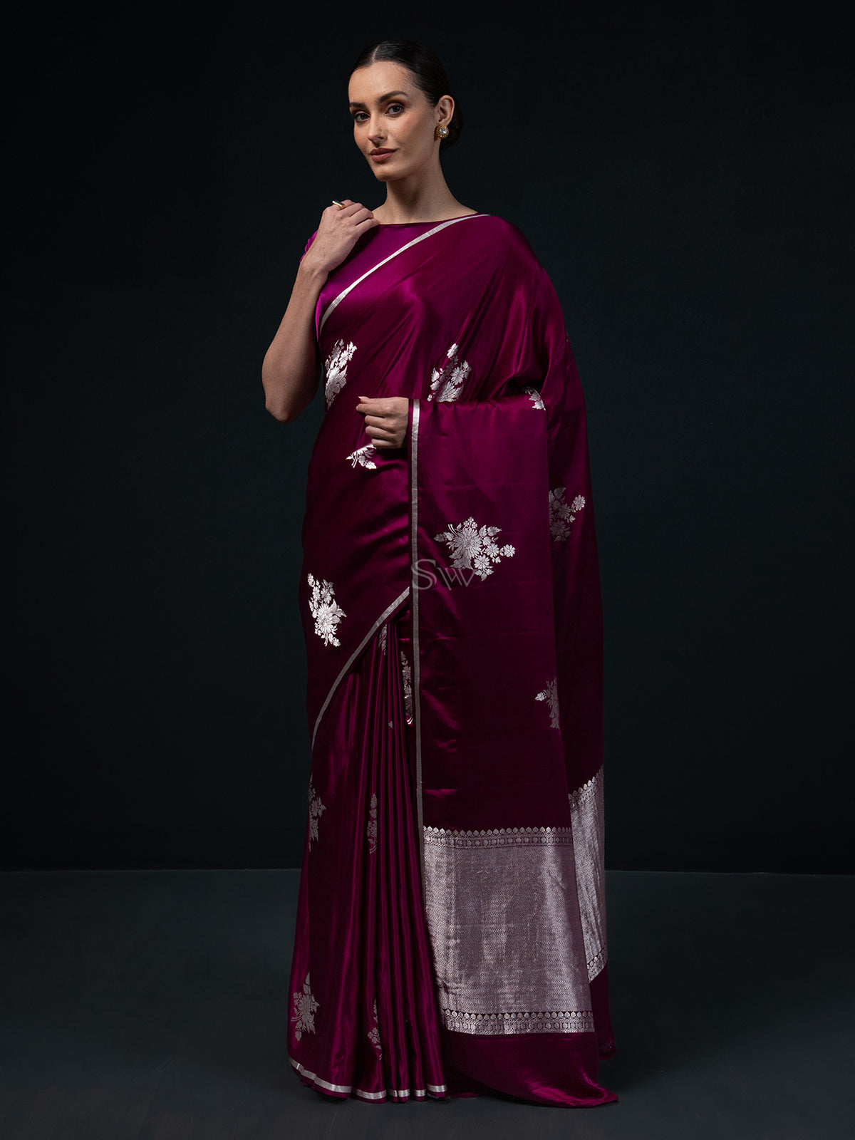 Dark Magenta Boota Satin Silk Handloom Banarasi Saree - Sacred Weaves