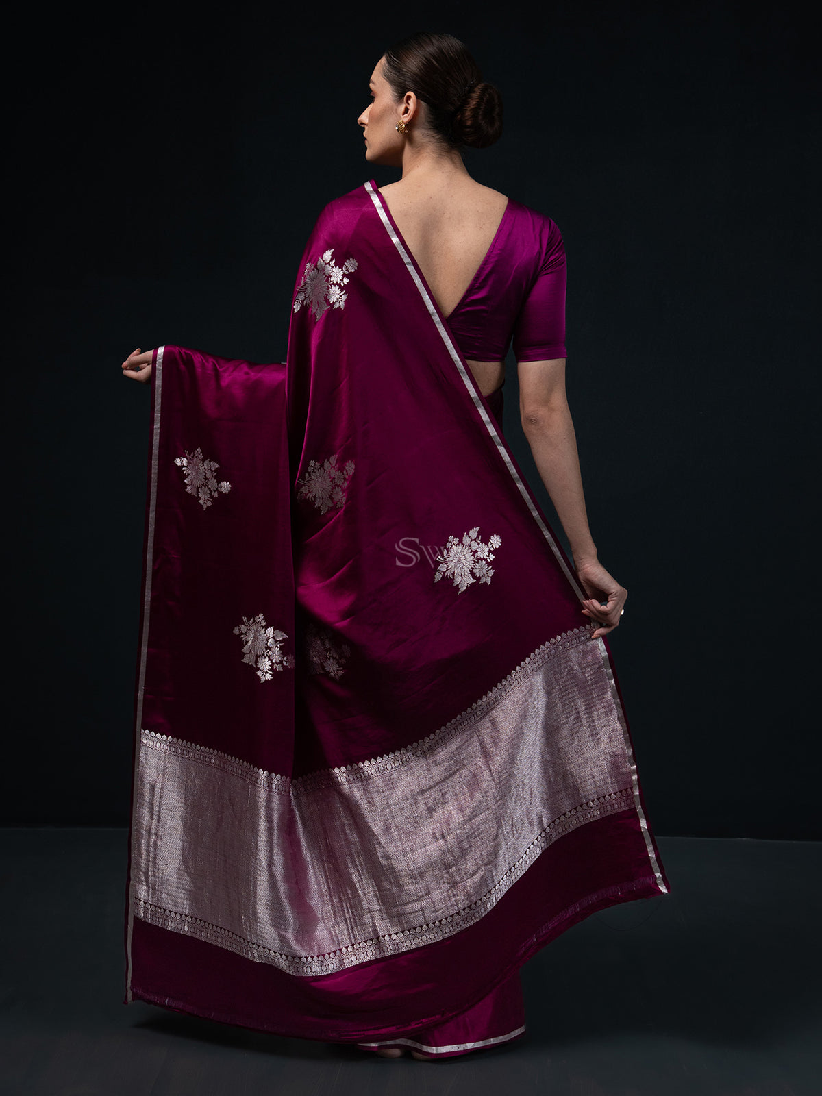 Dark Magenta Boota Satin Silk Handloom Banarasi Saree - Sacred Weaves