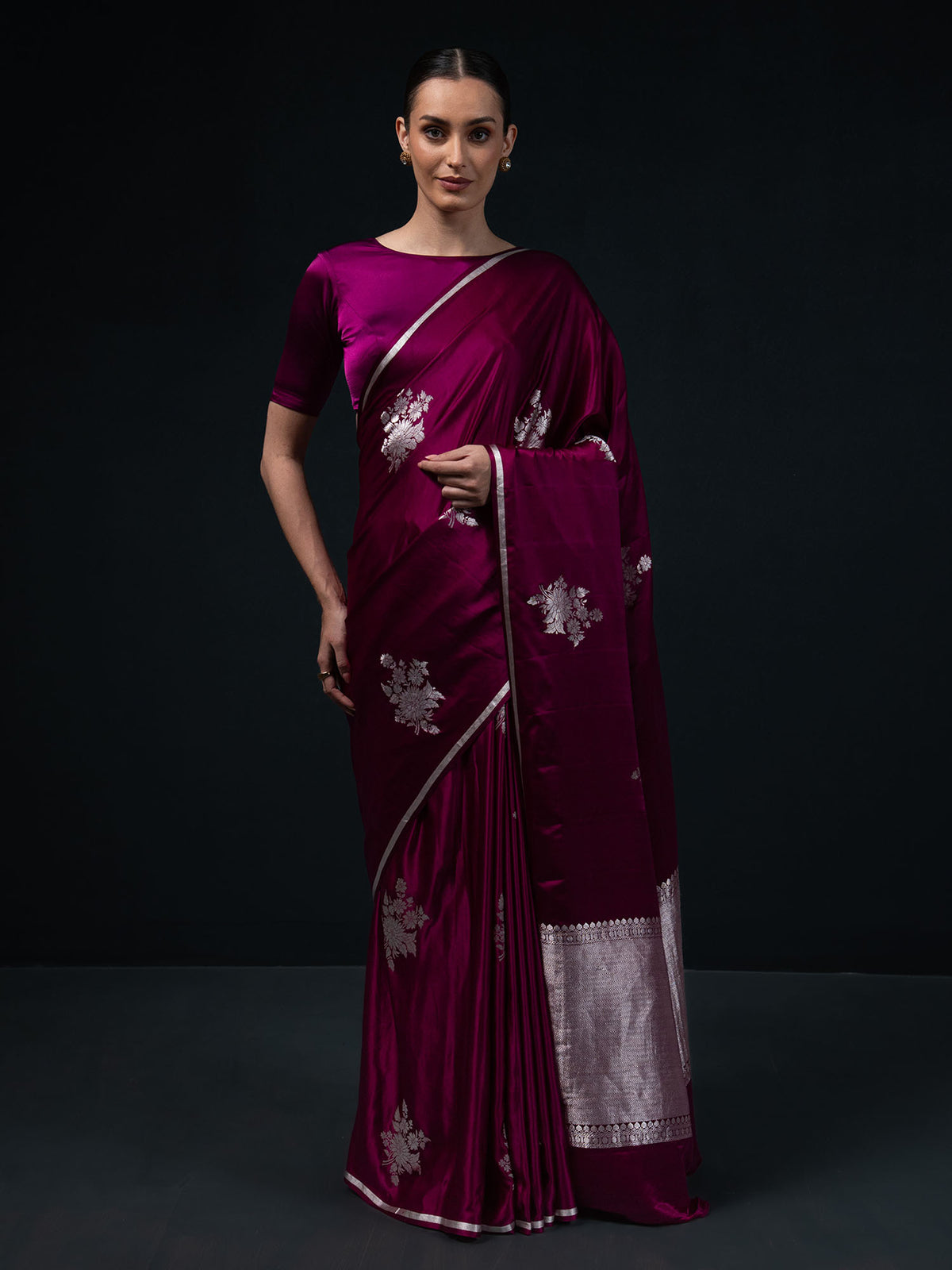 Dark Magenta Boota Satin Silk Handloom Banarasi Saree - Sacred Weaves