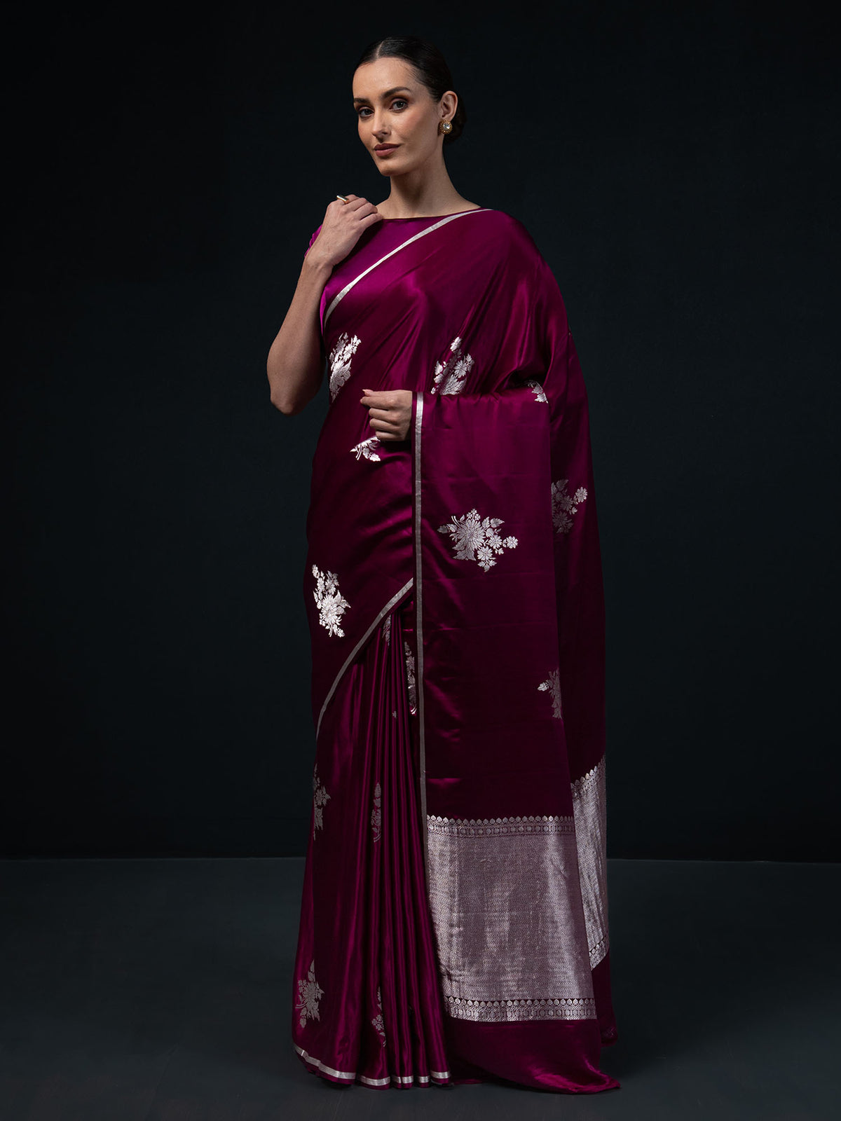 Dark Magenta Boota Satin Silk Handloom Banarasi Saree - Sacred Weaves