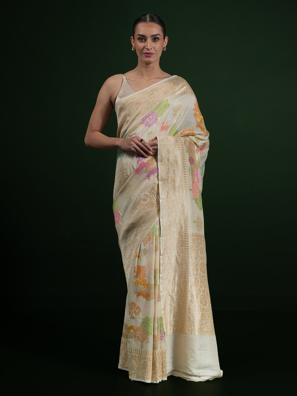 Off White Tussar Georgette Handloom Banarasi Saree - Sacred Weaves