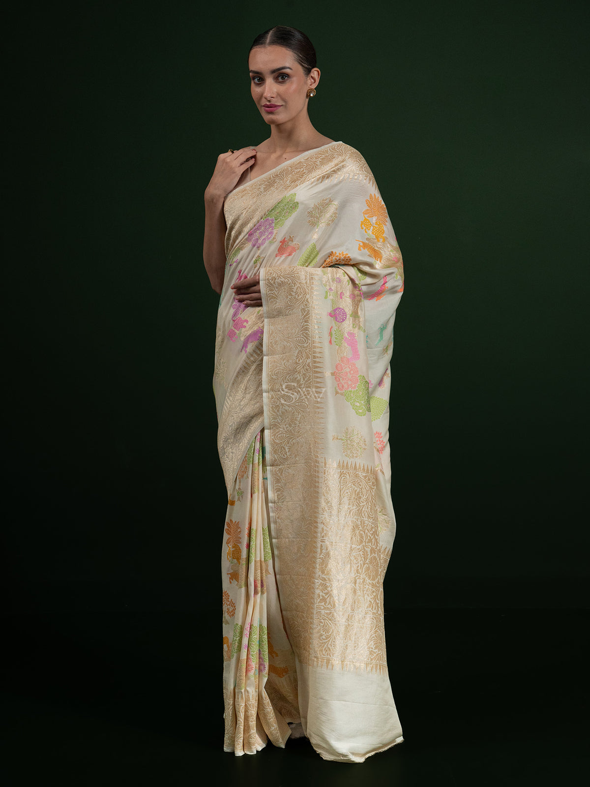 Off White Tussar Georgette Handloom Banarasi Saree - Sacred Weaves