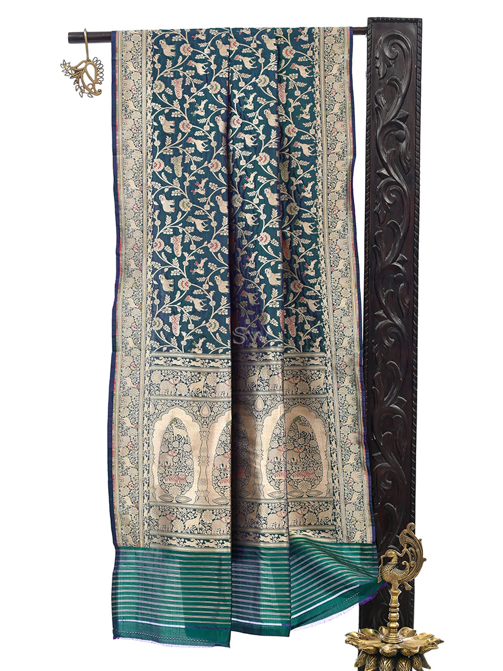 Green Purple Shikargah Brocade Katan Silk Handloom Banarasi Dupatta