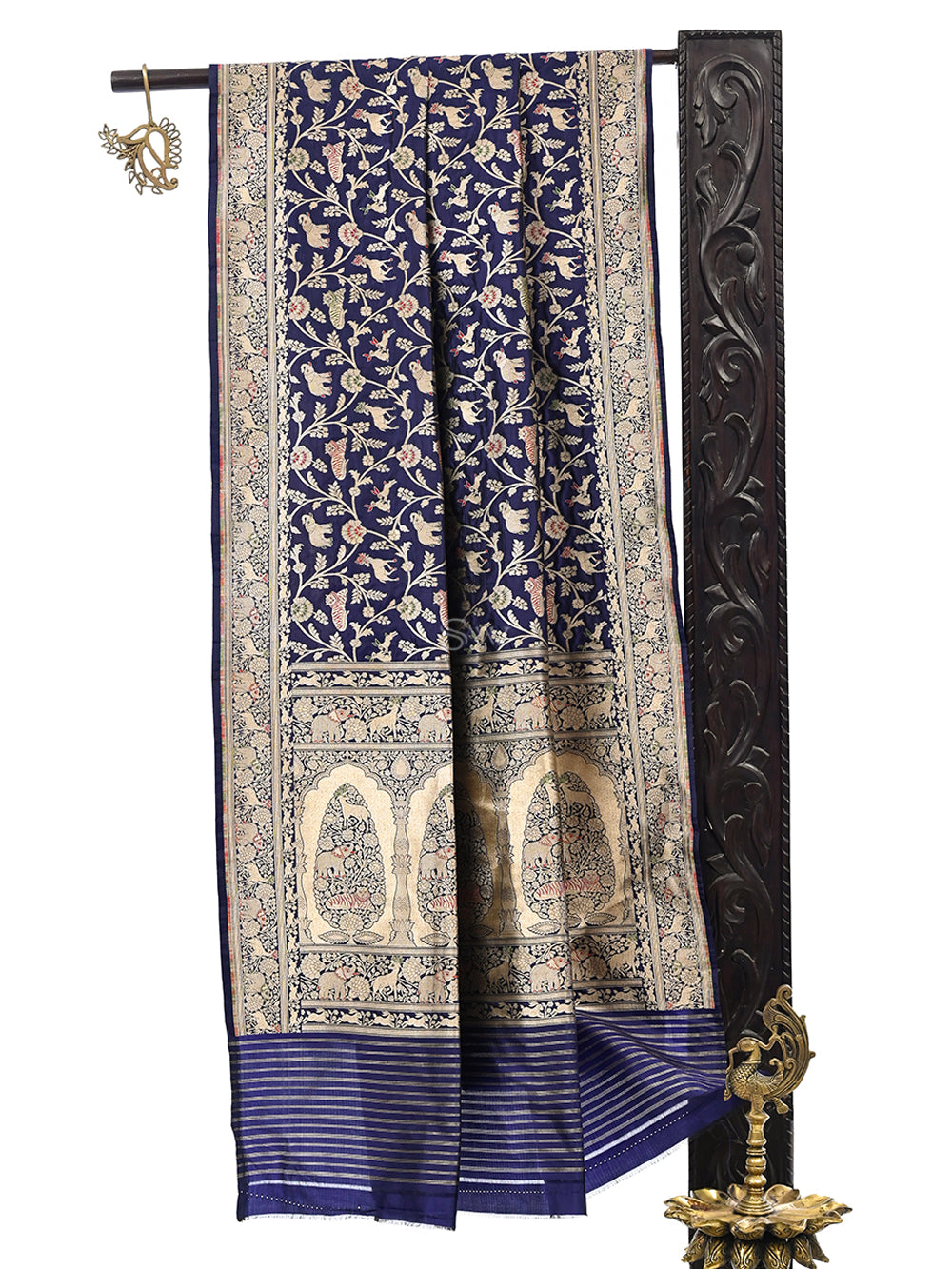 Navy Blue Shikargah Brocade Katan Silk Handloom Banarasi Dupatta