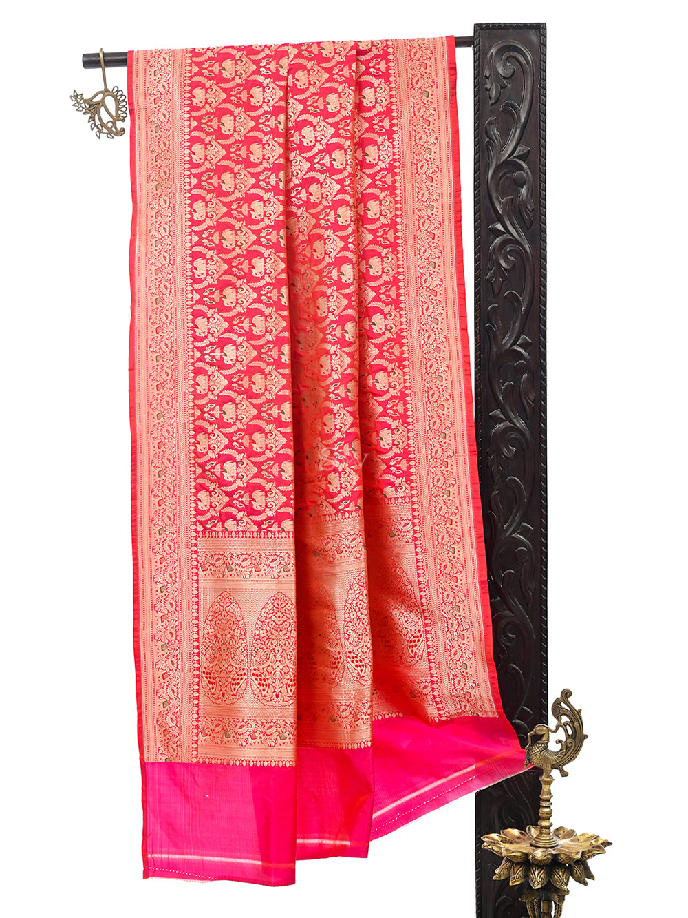 Pink Orange Shikargah Brocade Katan Silk Handloom Banarasi Dupatta