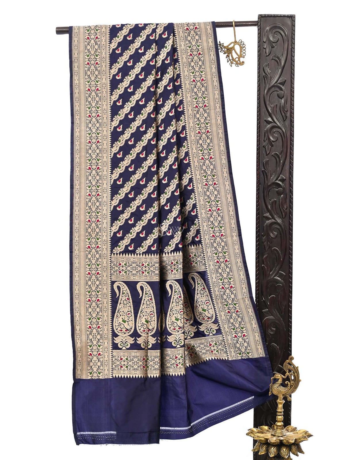 Navy Blue Meenakari Shikargah Katan Silk Handloom Banarasi Dupatta - Sacred Weaves