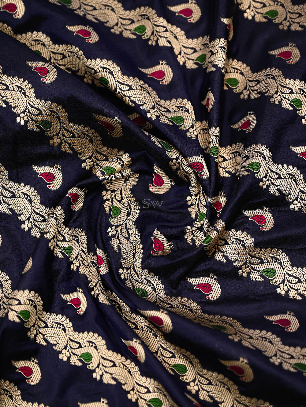 Navy Blue Meenakari Shikargah Katan Silk Handloom Banarasi Dupatta - Sacred Weaves