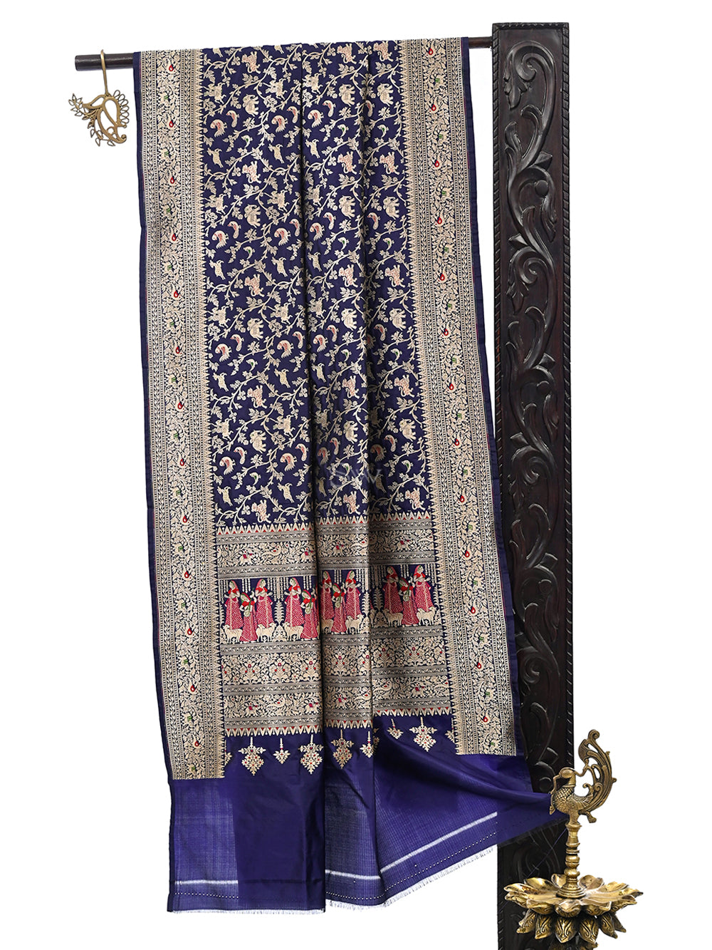 Navy Blue Shikargah Brocade Katan Silk Handloom Banarasi Dupatta