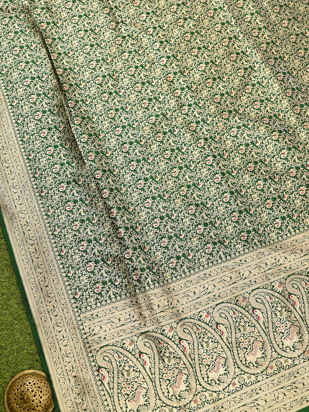 Bottle Green Meenakari Shikargah Jaal Katan Silk Handloom Banarasi Dupatta - Sacred Weaves