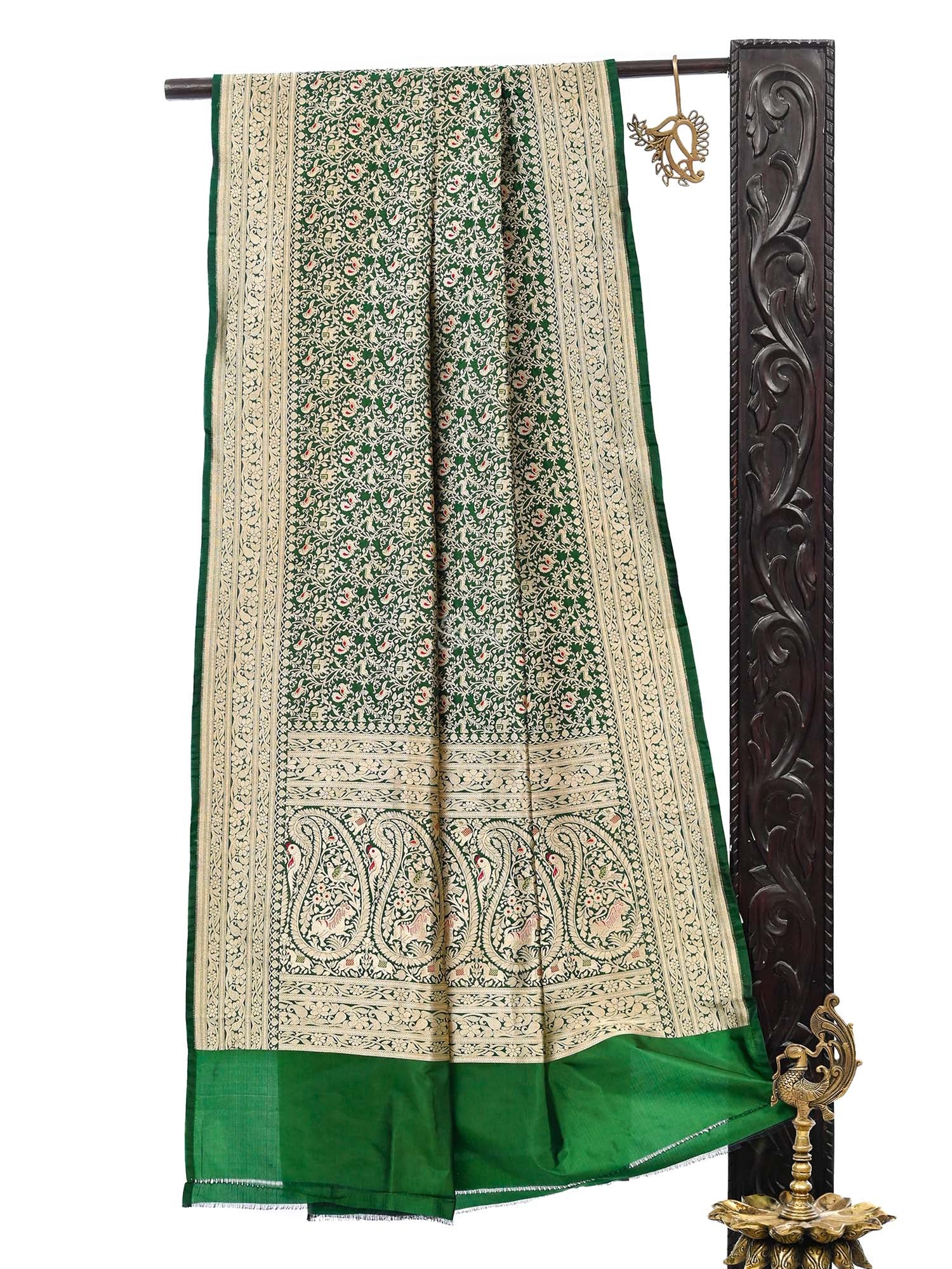 Bottle Green Meenakari Shikargah Jaal Katan Silk Handloom Banarasi Dupatta - Sacred Weaves