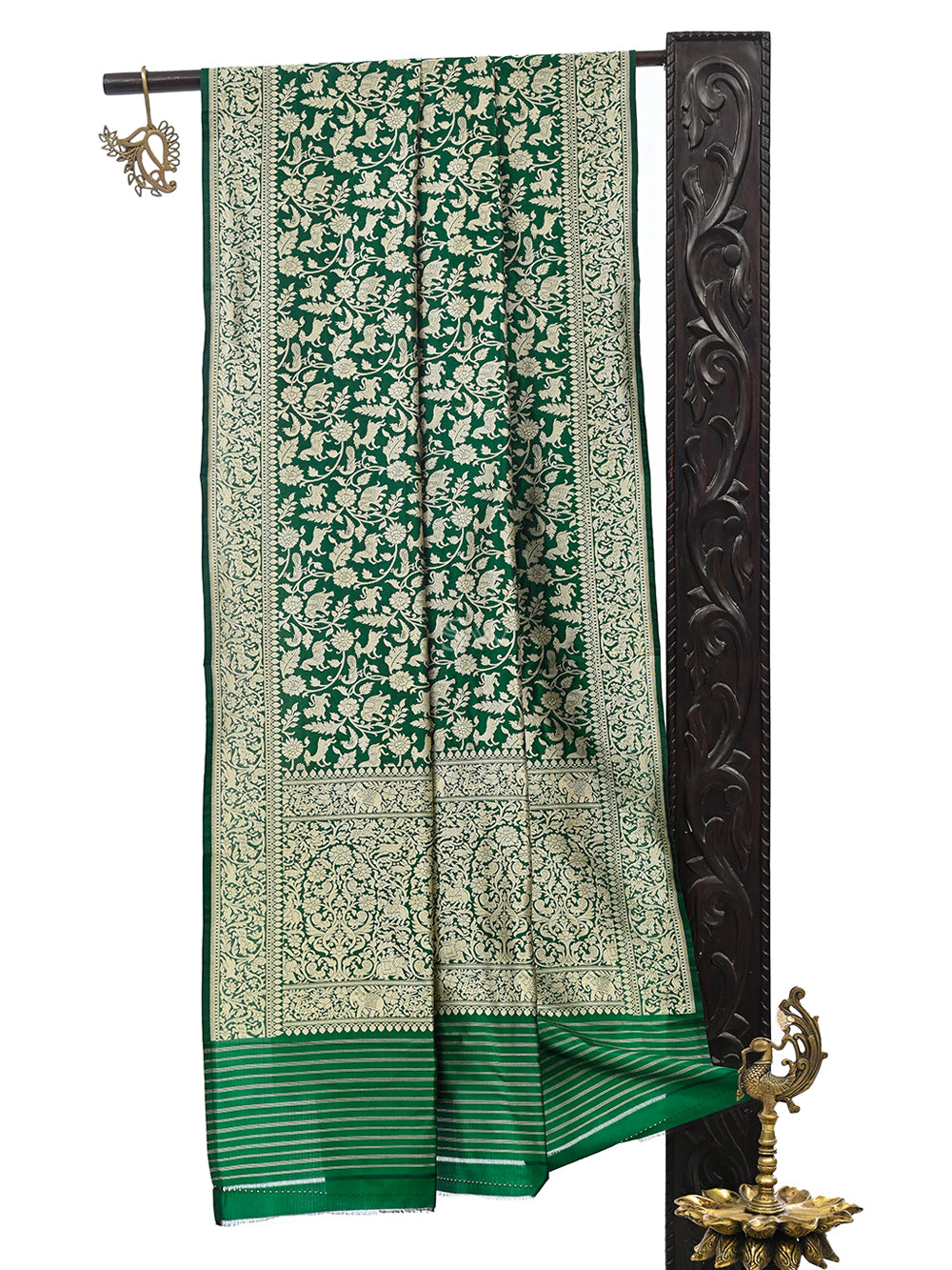 Bottle Green Shikargah Jaal Katan Silk Handloom Banarasi Dupatta