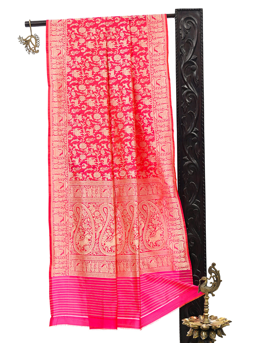 Pink Orange Shikargah Jaal Katan Silk Handloom Banarasi Dupatta