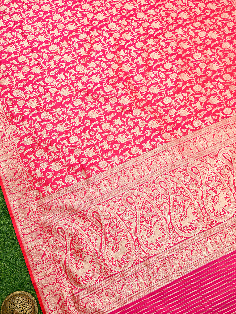 Pink Orange Shikargah Jaal Katan Silk Handloom Banarasi Dupatta