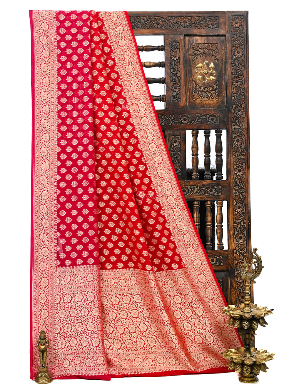 Pink Red Booti Khaddi Georgette Handloom Banarasi Saree - Sacred Weaves