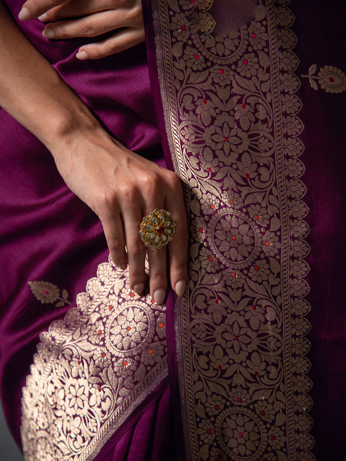 Wine Organza Silk Handloom Banarasi Saree - Sacred Weaves