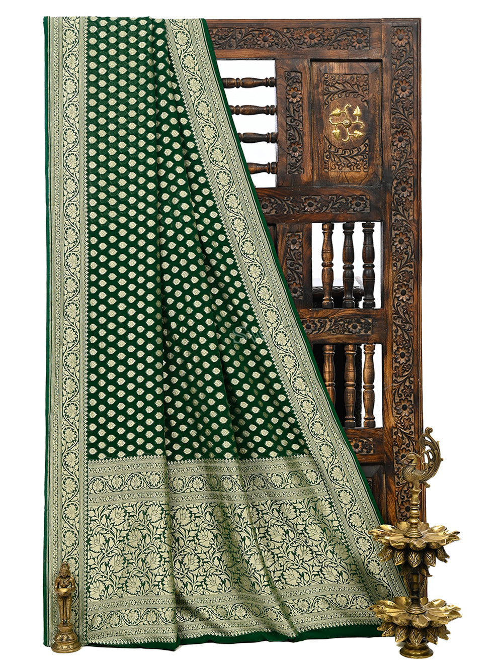 Bottle Green Booti Khaddi Georgette Handloom Banarasi Saree - Sacred Weaves