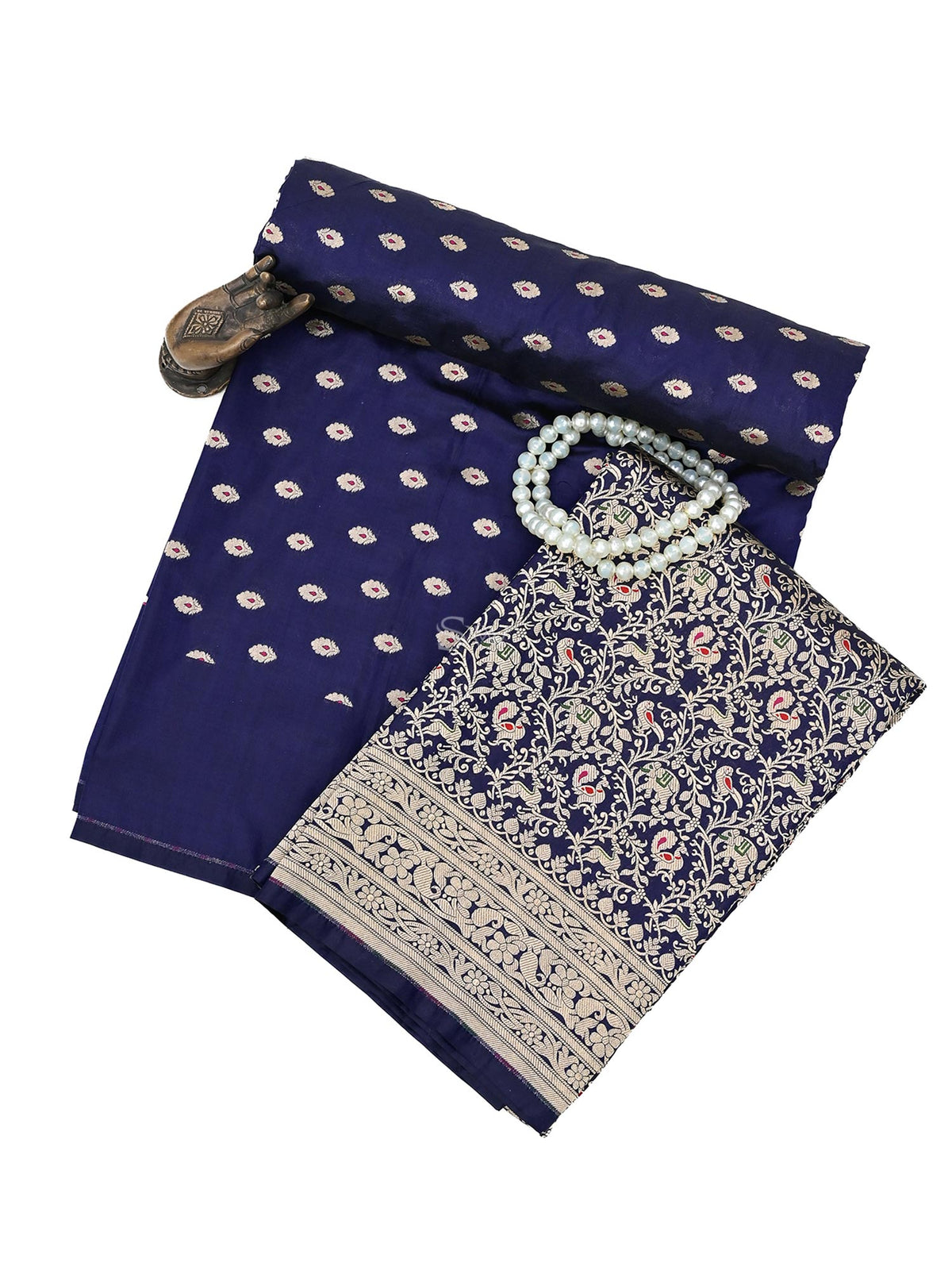 Navy Blue Meenakari Booti Katan Silk Handloom Banarasi Suit