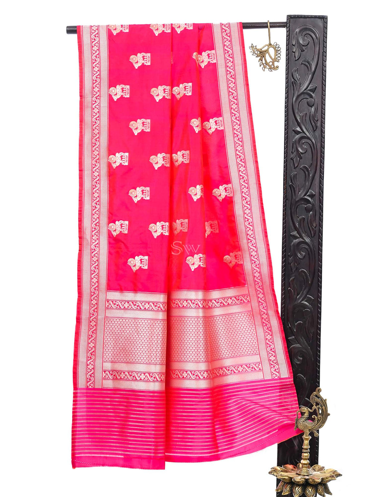 Pink Orange Shikargah Katan Silk Handloom Banarasi Dupatta - Sacred Weaves