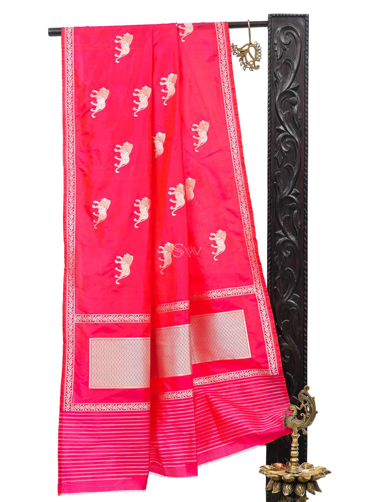 Pink Orange Shikargah Katan Silk Handloom Banarasi Dupatta - Sacred Weaves