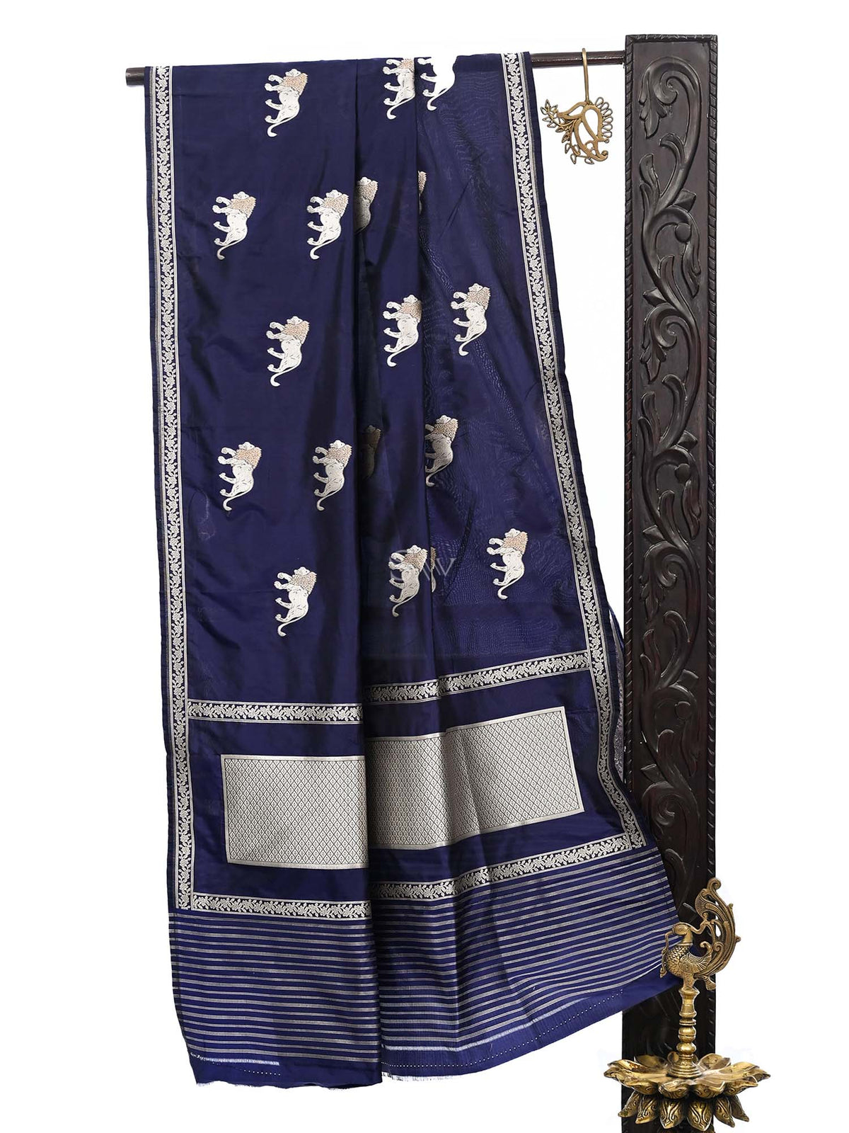 Navy Blue Shikargah Katan Silk Handloom Banarasi Dupatta - Sacred Weaves