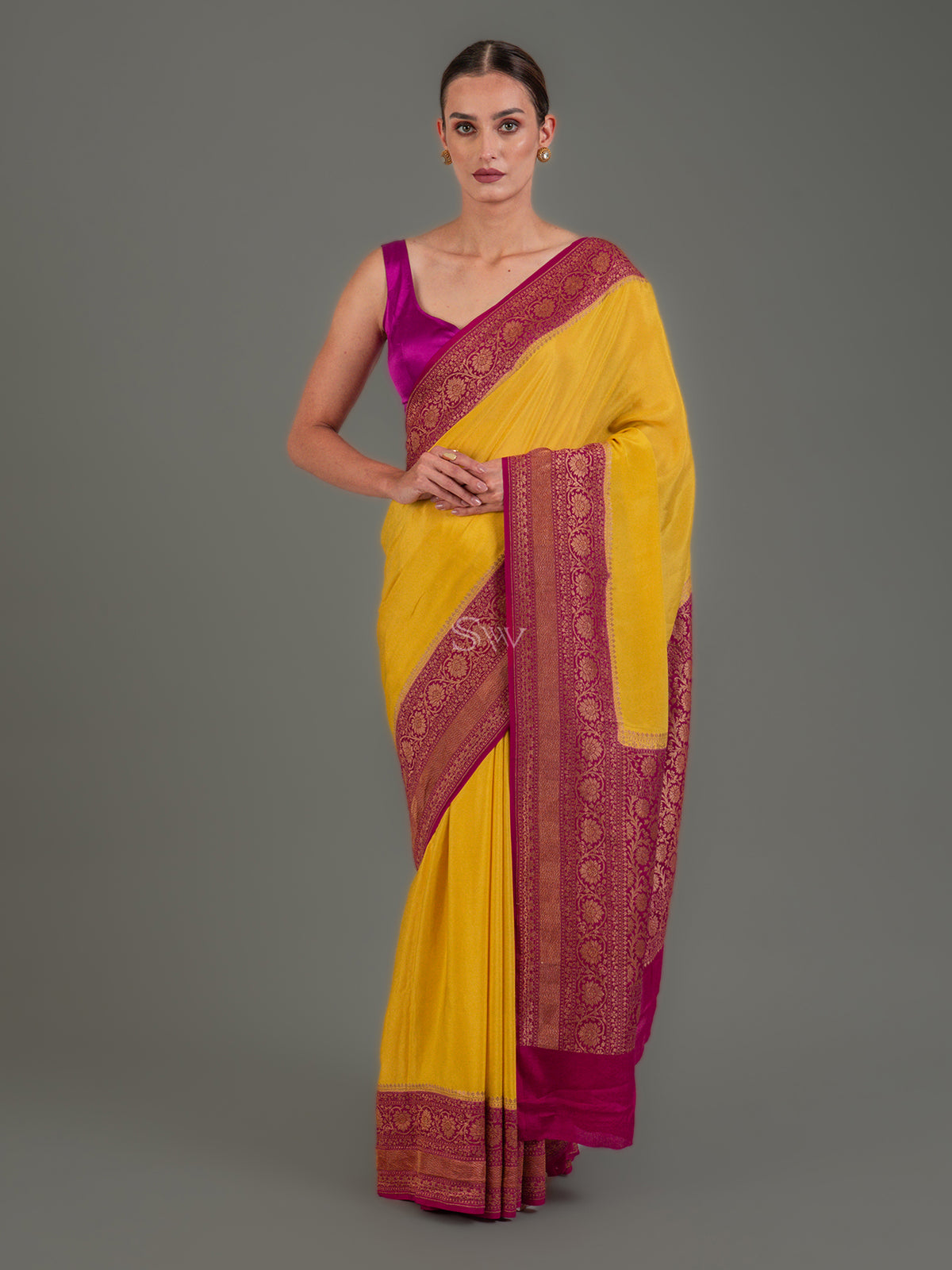 Yellow Plain Crepe Silk Handloom Banarasi Saree