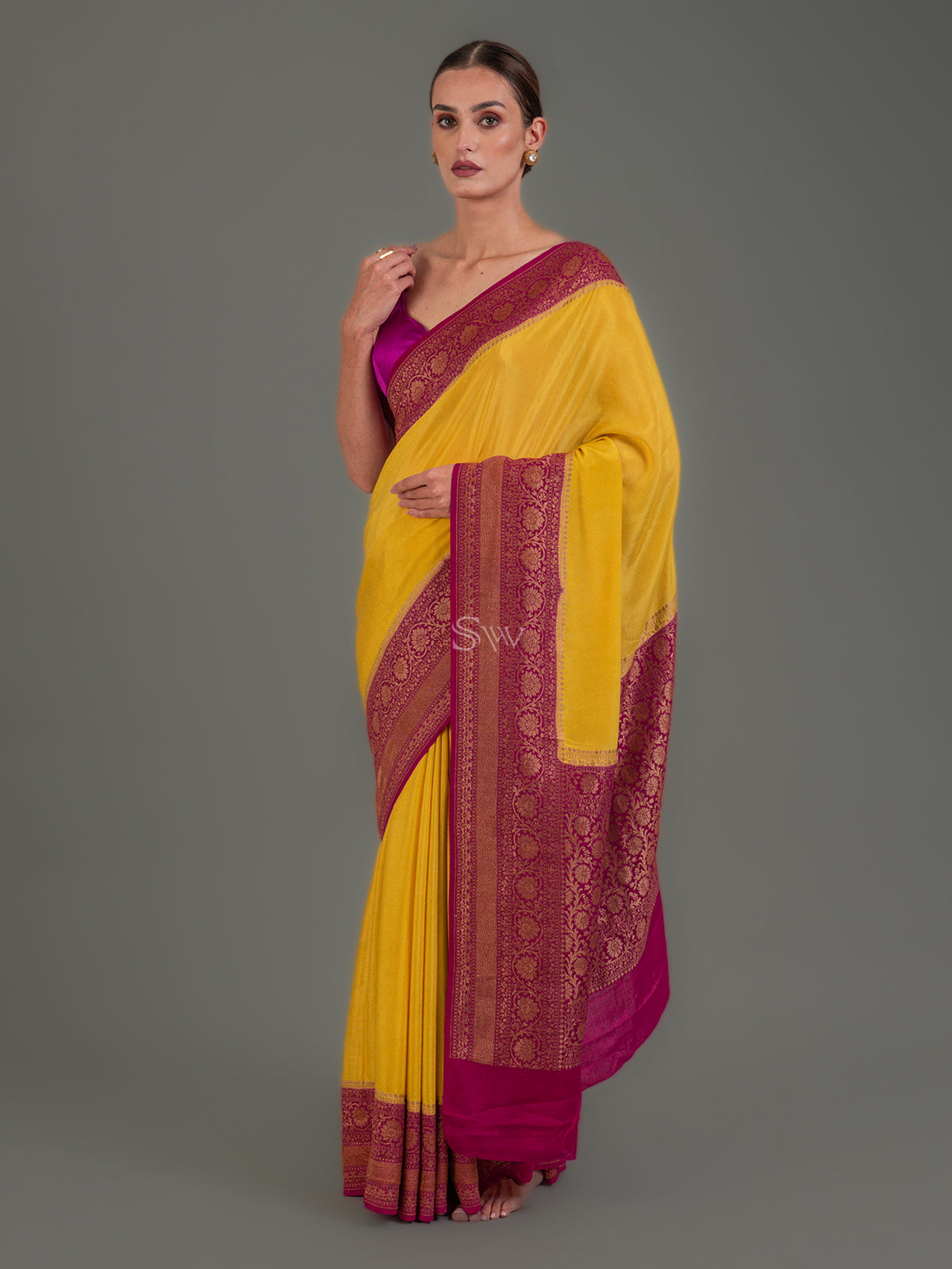 Yellow Plain Crepe Silk Handloom Banarasi Saree