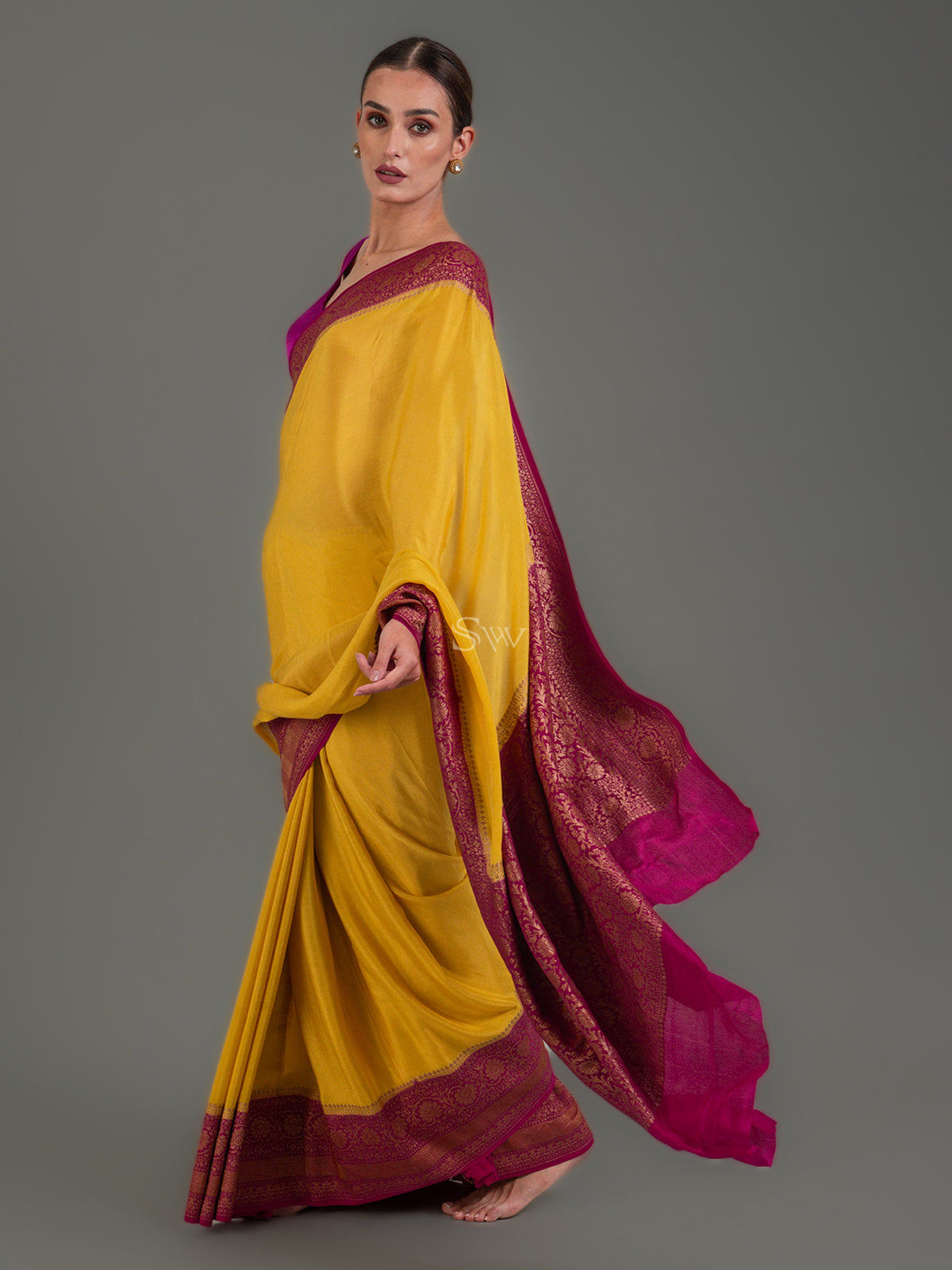 Yellow Plain Crepe Silk Handloom Banarasi Saree