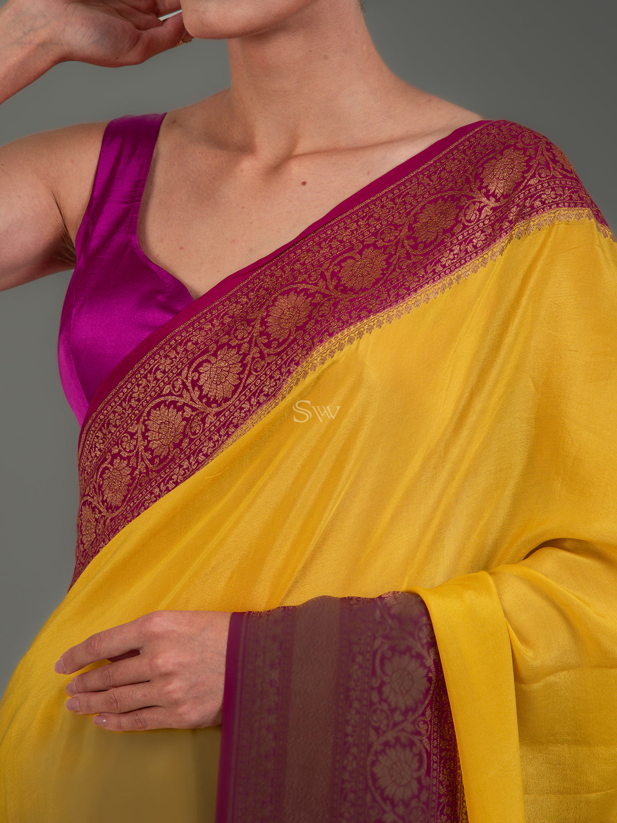 Yellow Plain Crepe Silk Handloom Banarasi Saree