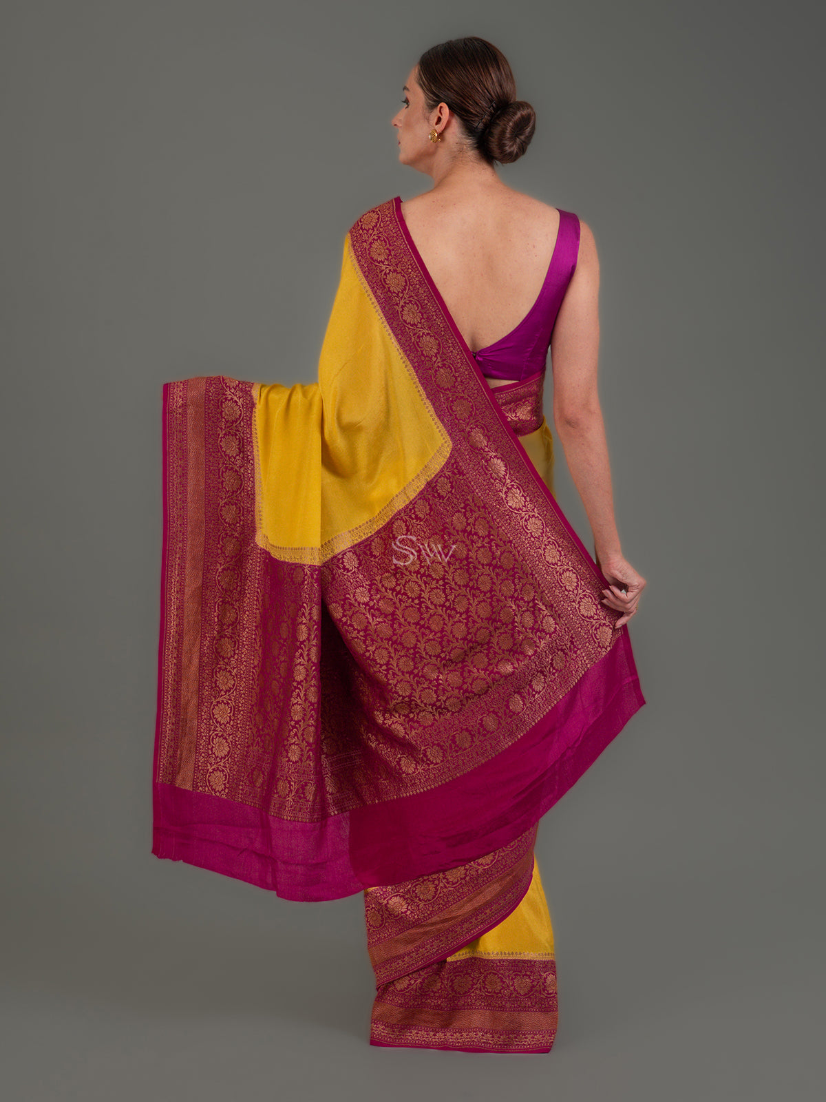 Yellow Plain Crepe Silk Handloom Banarasi Saree