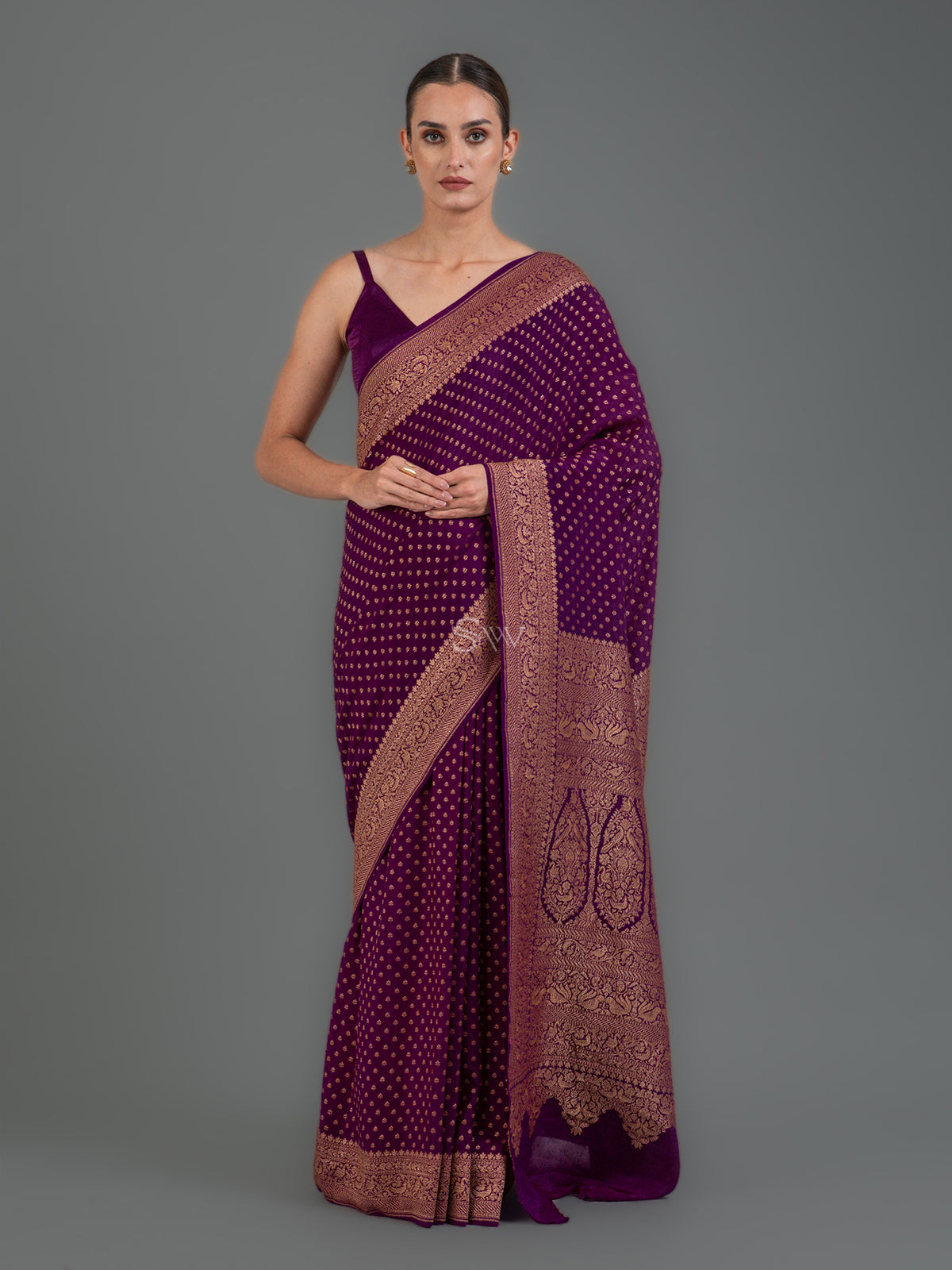 Purple Booti Crepe Silk Handloom Banarasi Saree - Sacred Weaves