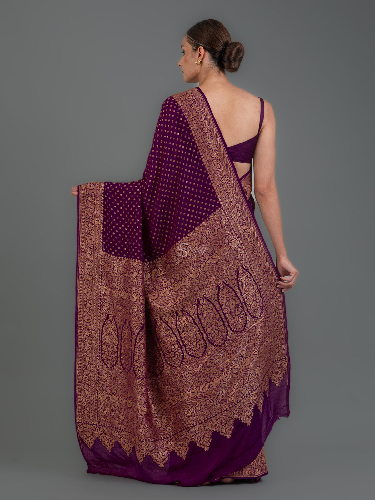 Purple Booti Crepe Silk Handloom Banarasi Saree - Sacred Weaves