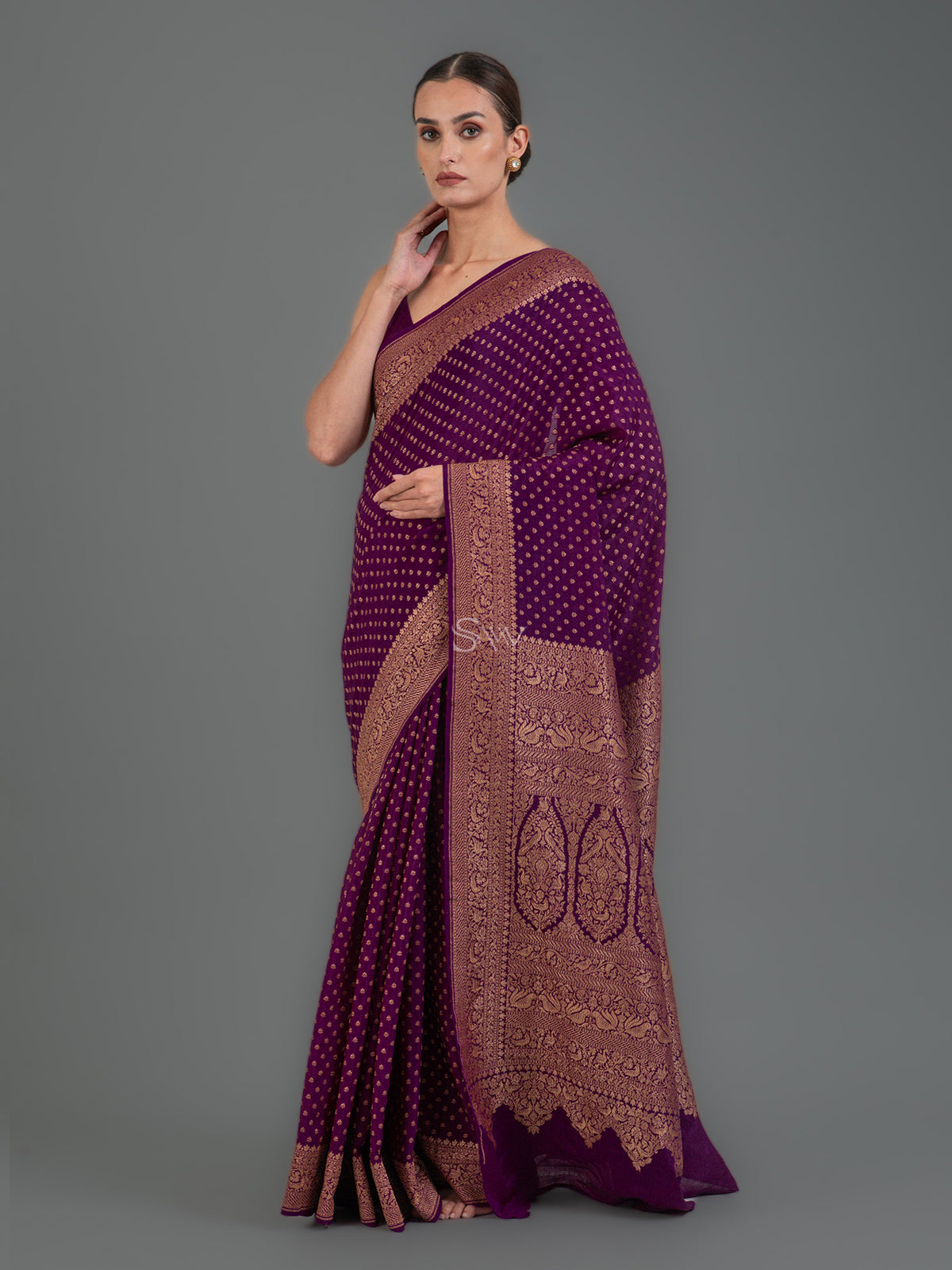 Purple Booti Crepe Silk Handloom Banarasi Saree - Sacred Weaves