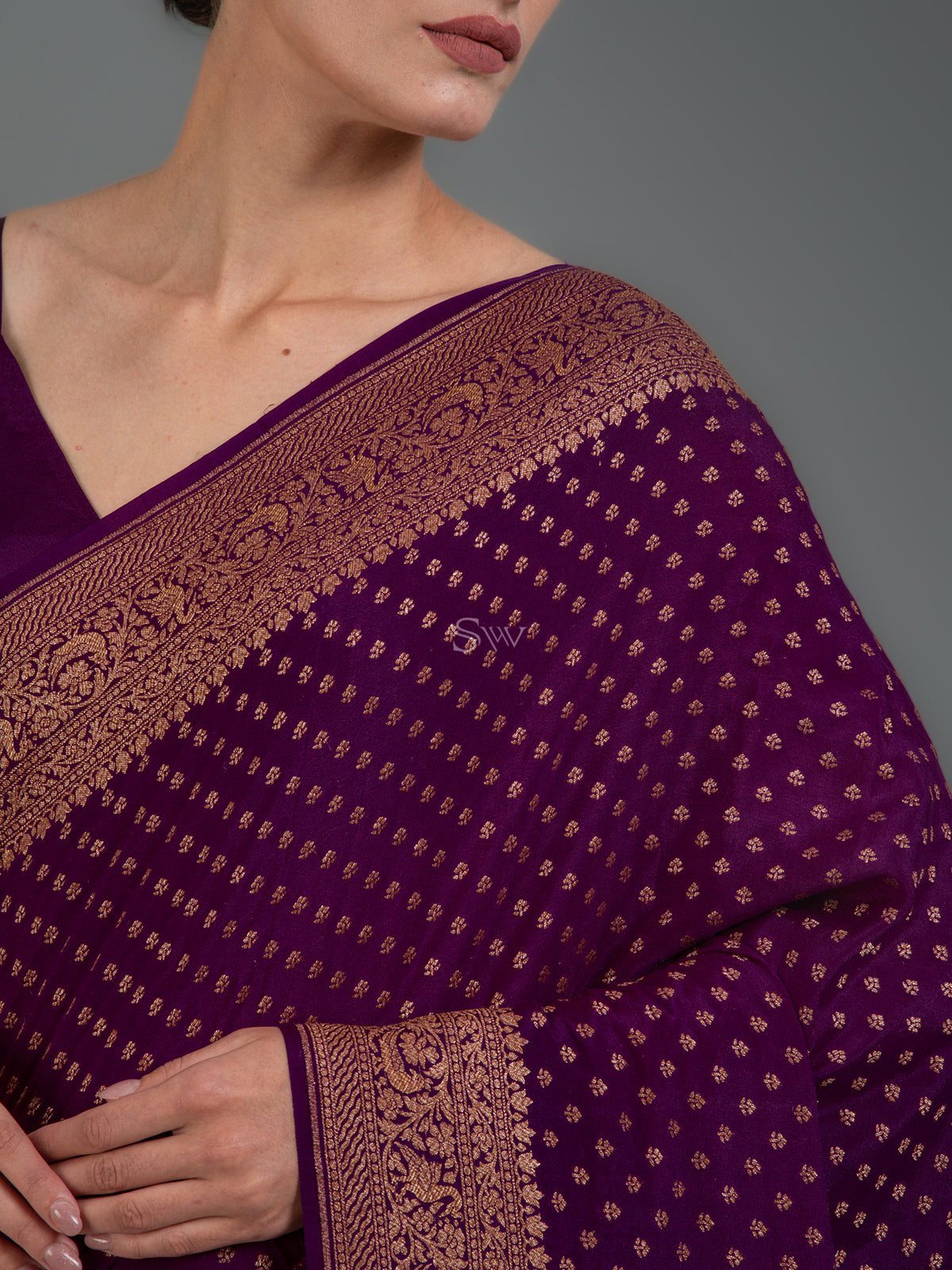 Purple Booti Crepe Silk Handloom Banarasi Saree - Sacred Weaves