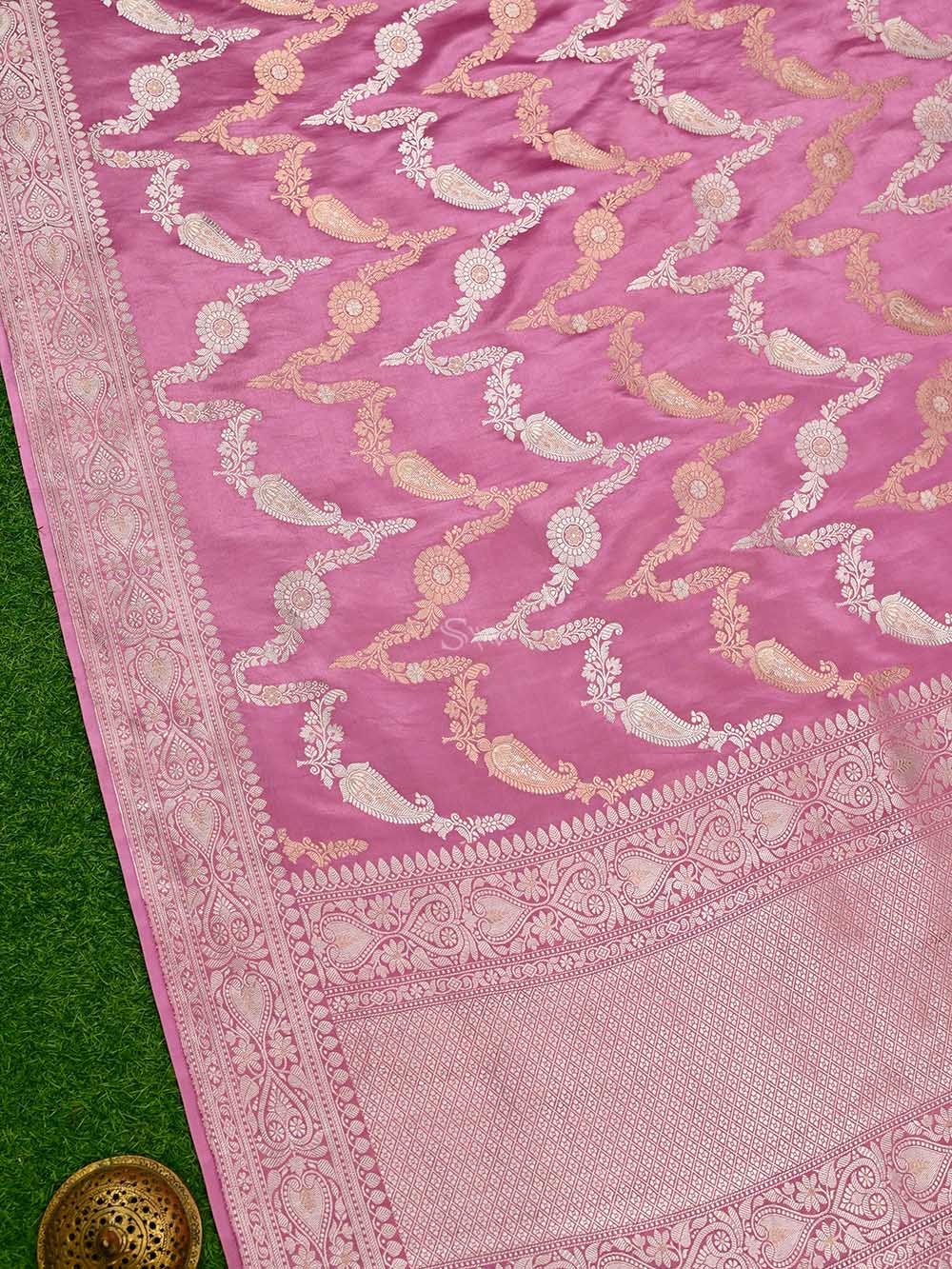 Pink Satin Sona Roopa Jaal Handloom Banarasi Saree - Sacred Weaves