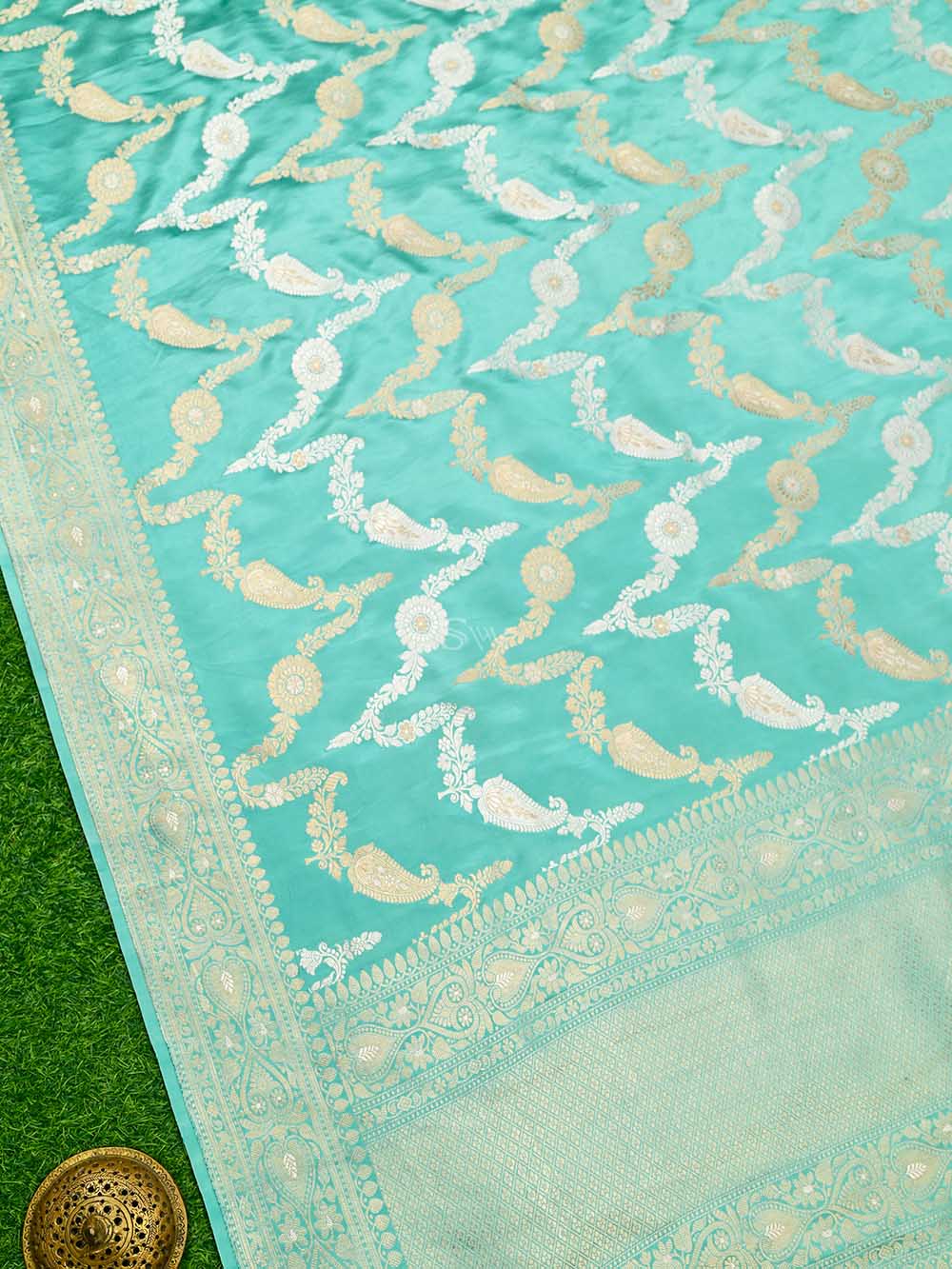 Aqua Green Satin Sona Roopa Jaal Handloom Banarasi Saree - Sacred Weaves