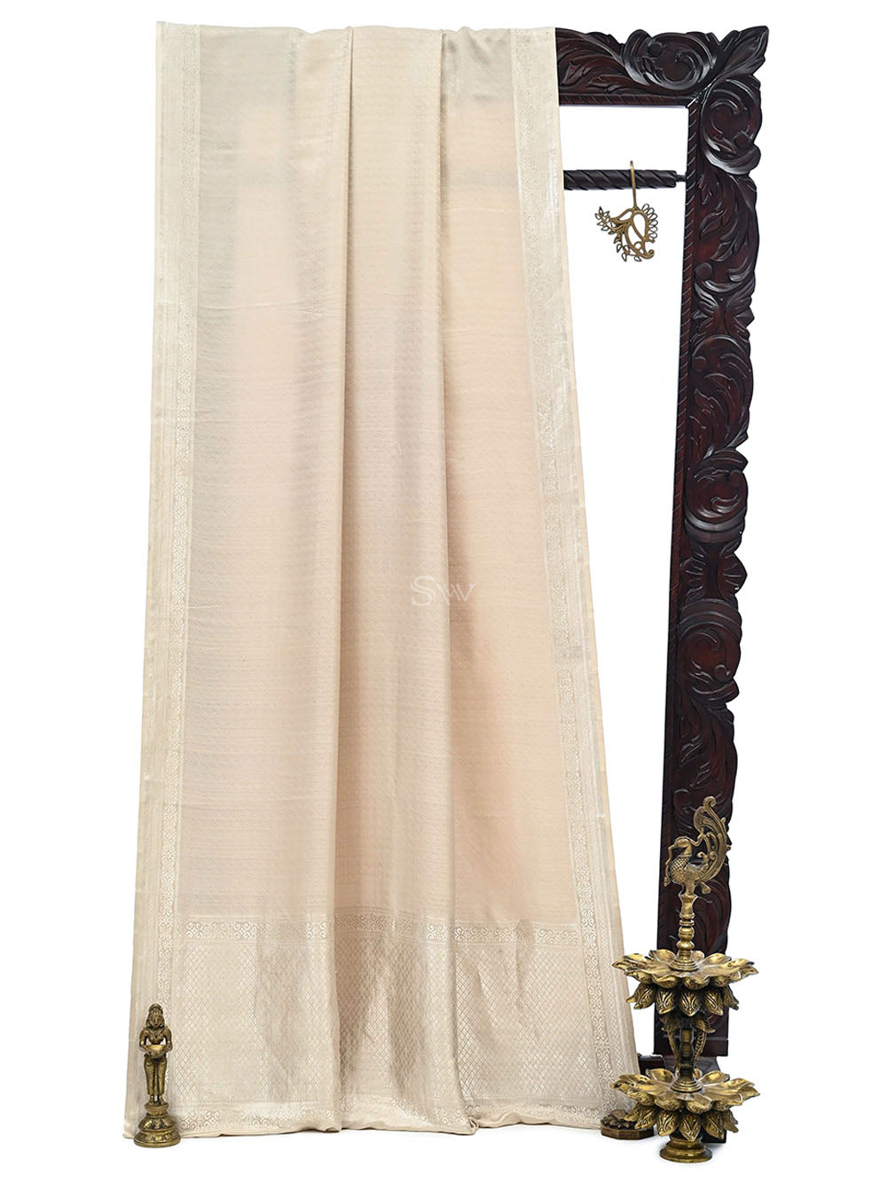 Off-White Satin Silk Handloom Banarasi Saree - Sacred Weaves