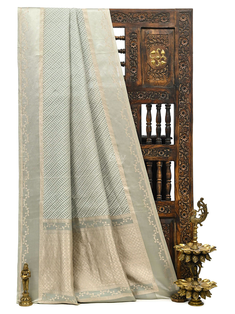 Pastel Grey Organza Handloom Banarasi Saree - Sacred Weaves