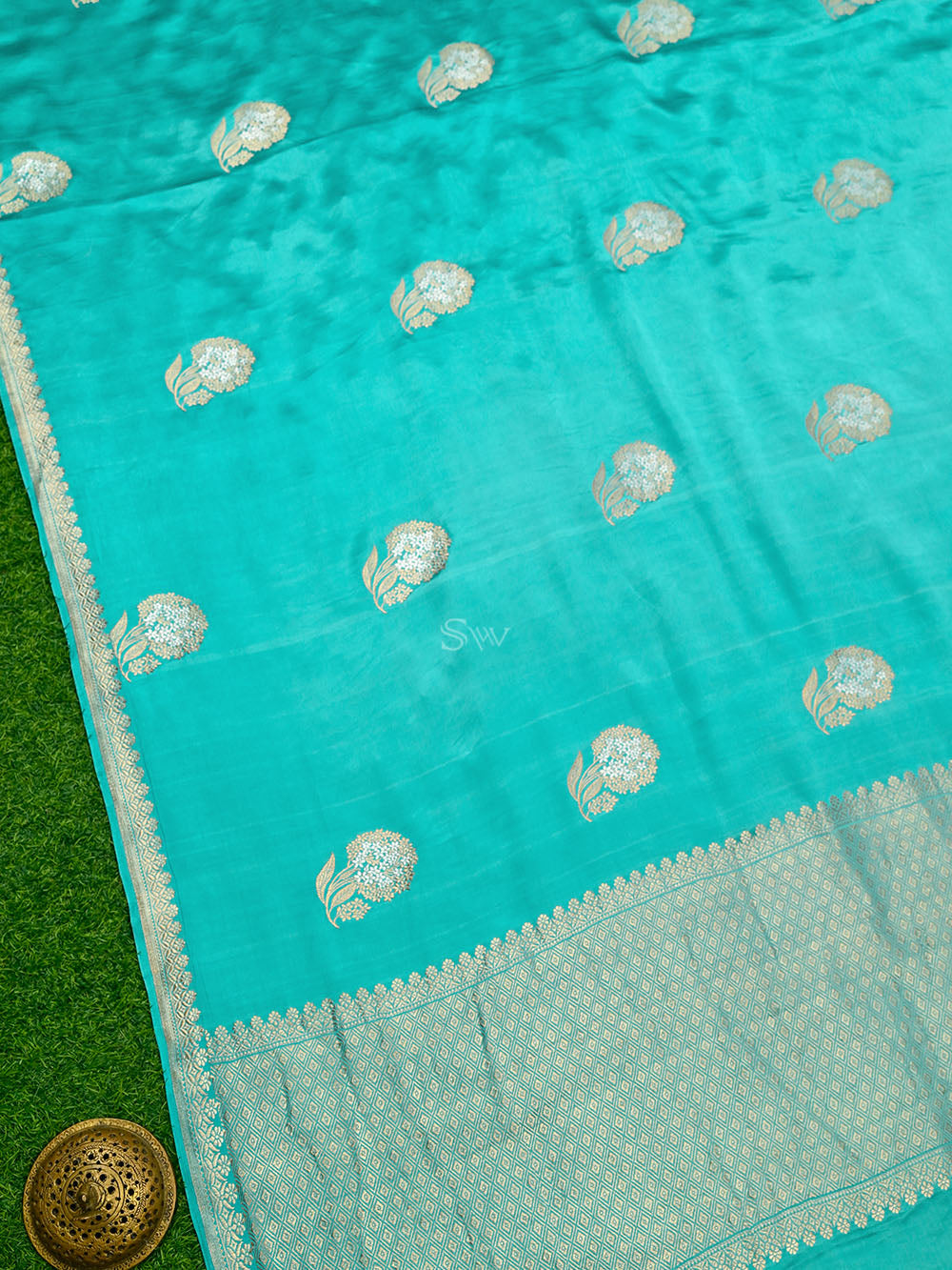 Aqua Blue Sona Roopa Boota Satin Silk Handloom Banarasi Saree - Sacred Weaves