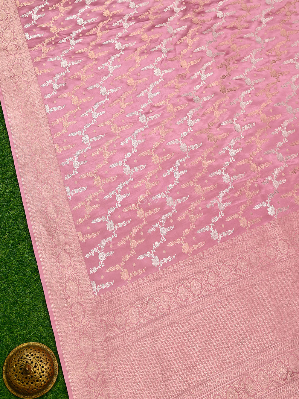 Pastel Pink Satin Jaal Handloom Banarasi Saree - Sacred Weaves