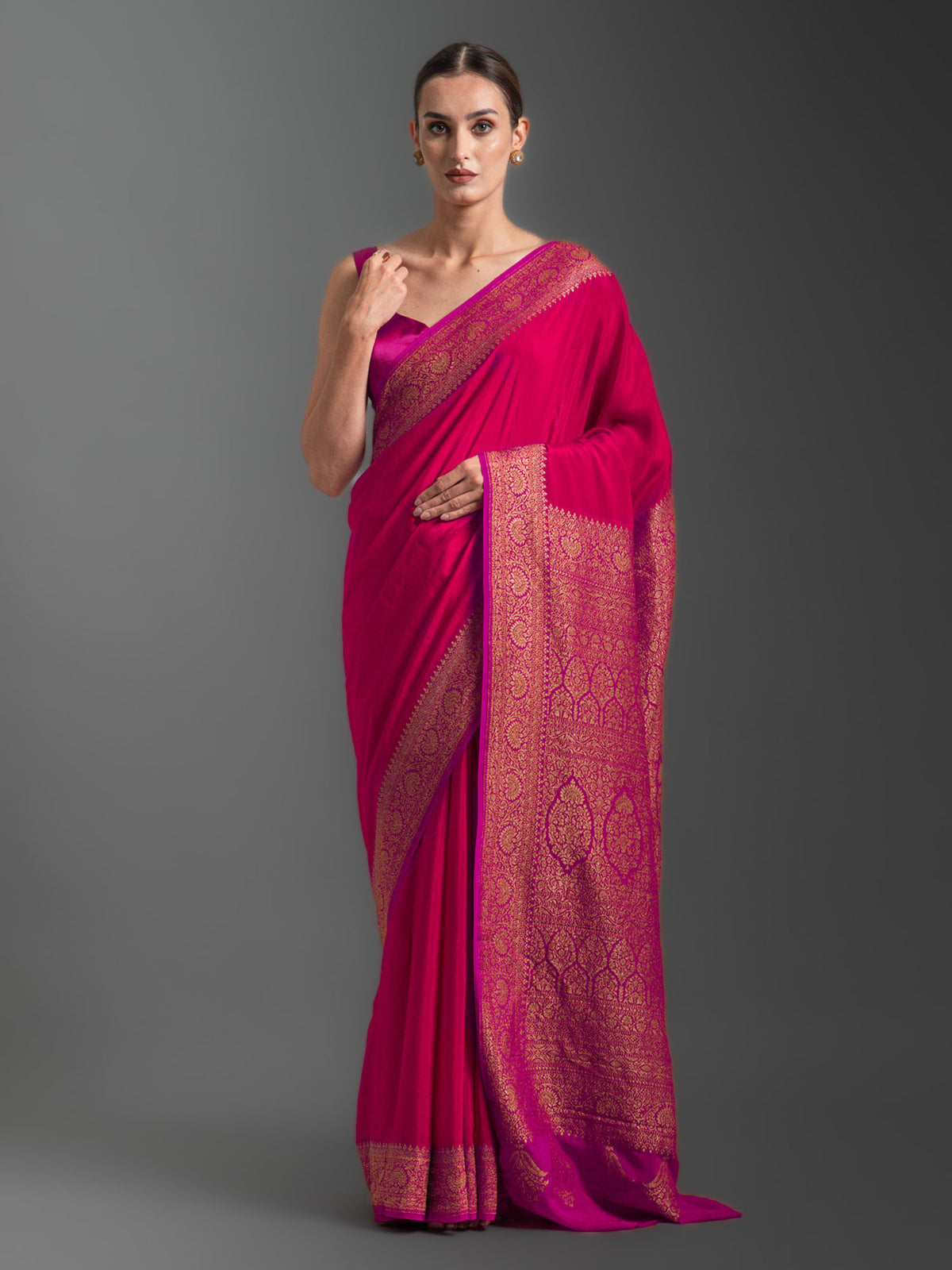 Red Plain Crepe Silk Handloom Banarasi Saree