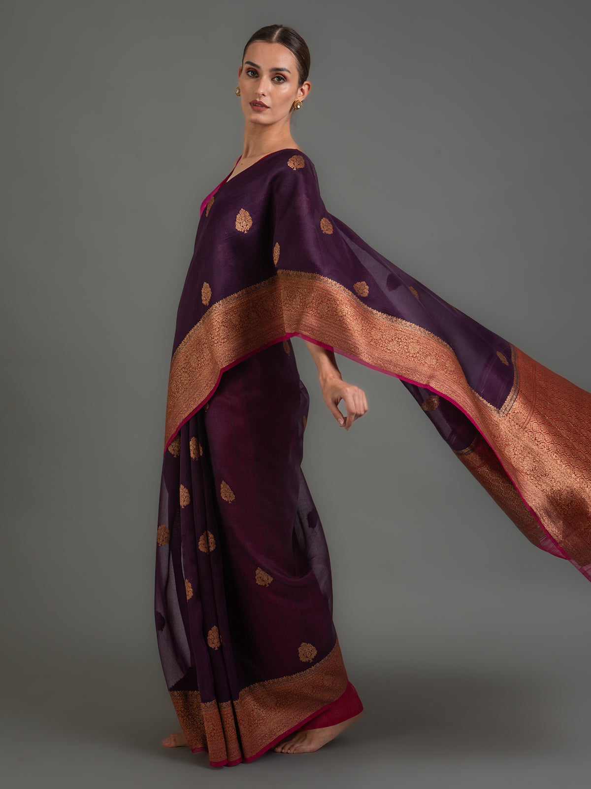 Dark Purple Boota Organza Silk Handloom Banarasi Saree