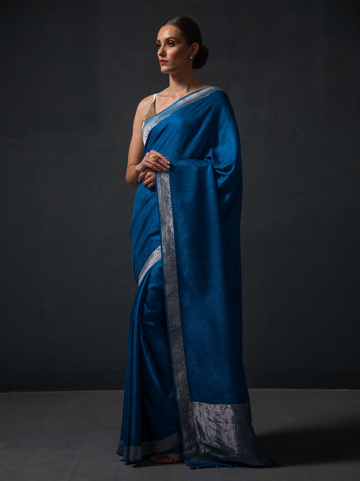 Midnight Blue Satin Tanchoi Handloom Banarasi Saree - Sacred Weaves